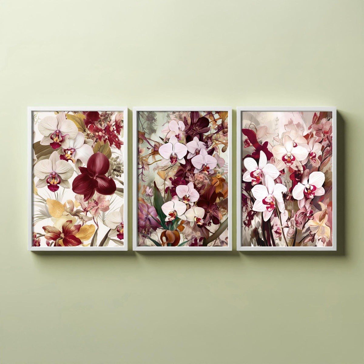 Victorian Orchids Set of Three Art Prints - Burgundy, Blush and Gold Blooms - Lush Botanical Poster Illustration