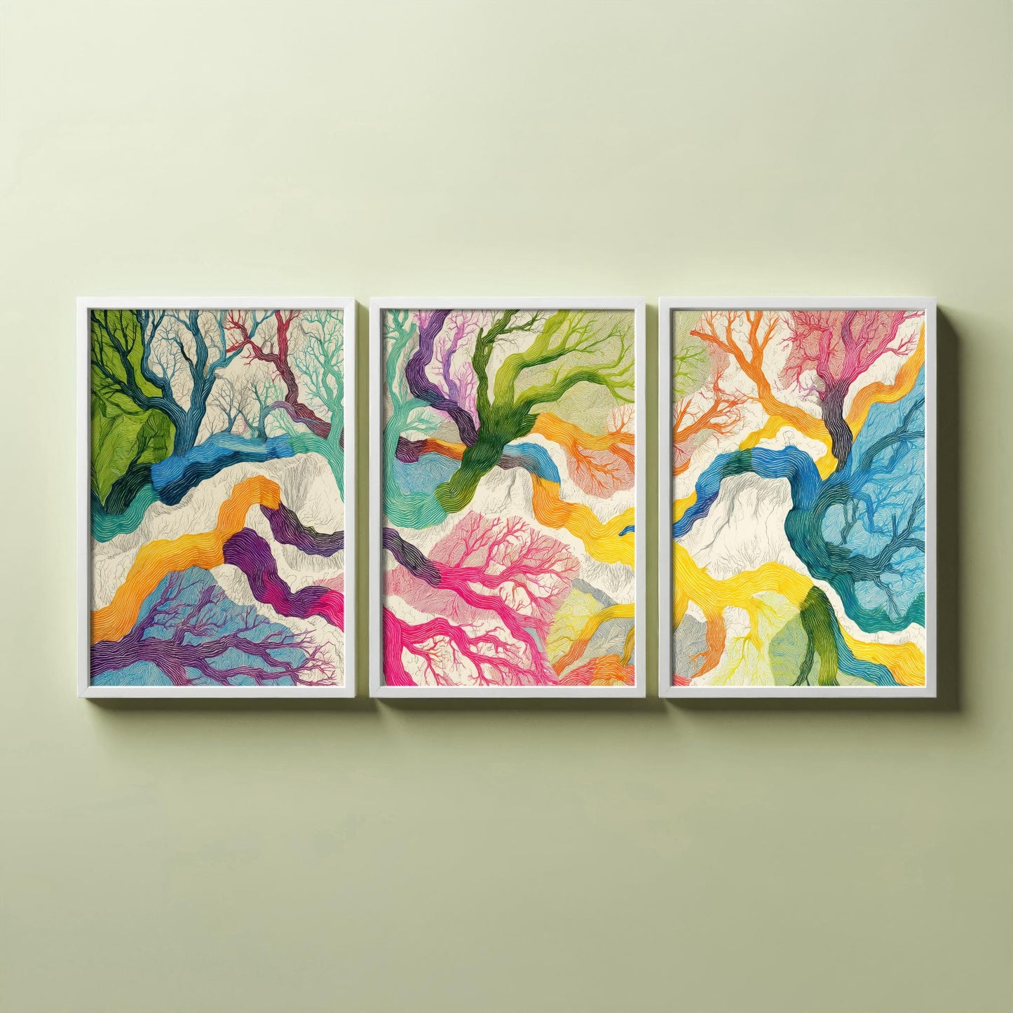 Colourful Winding Trees Set of Three Art Prints - 3 Rainbow Whimsical Tree Posters - Photo Wall Art Gift Nature Illustration V1