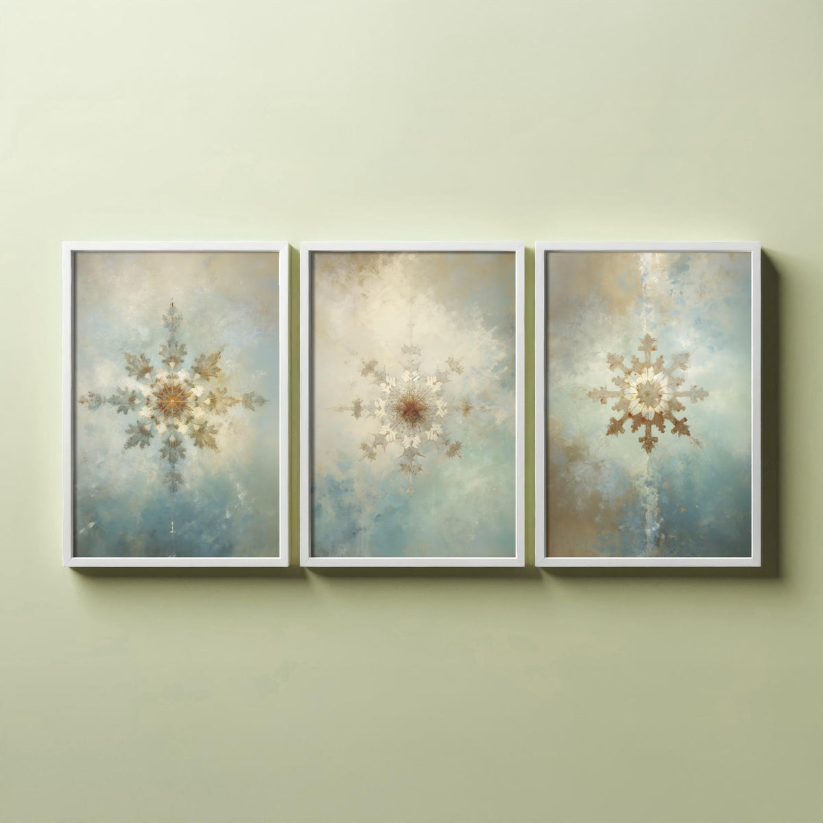 Ornate Snowflakes Set of Three Art Prints - Gilded Frost Crystals on Misty Blue - Soft Oil Painting Style Winter Poster