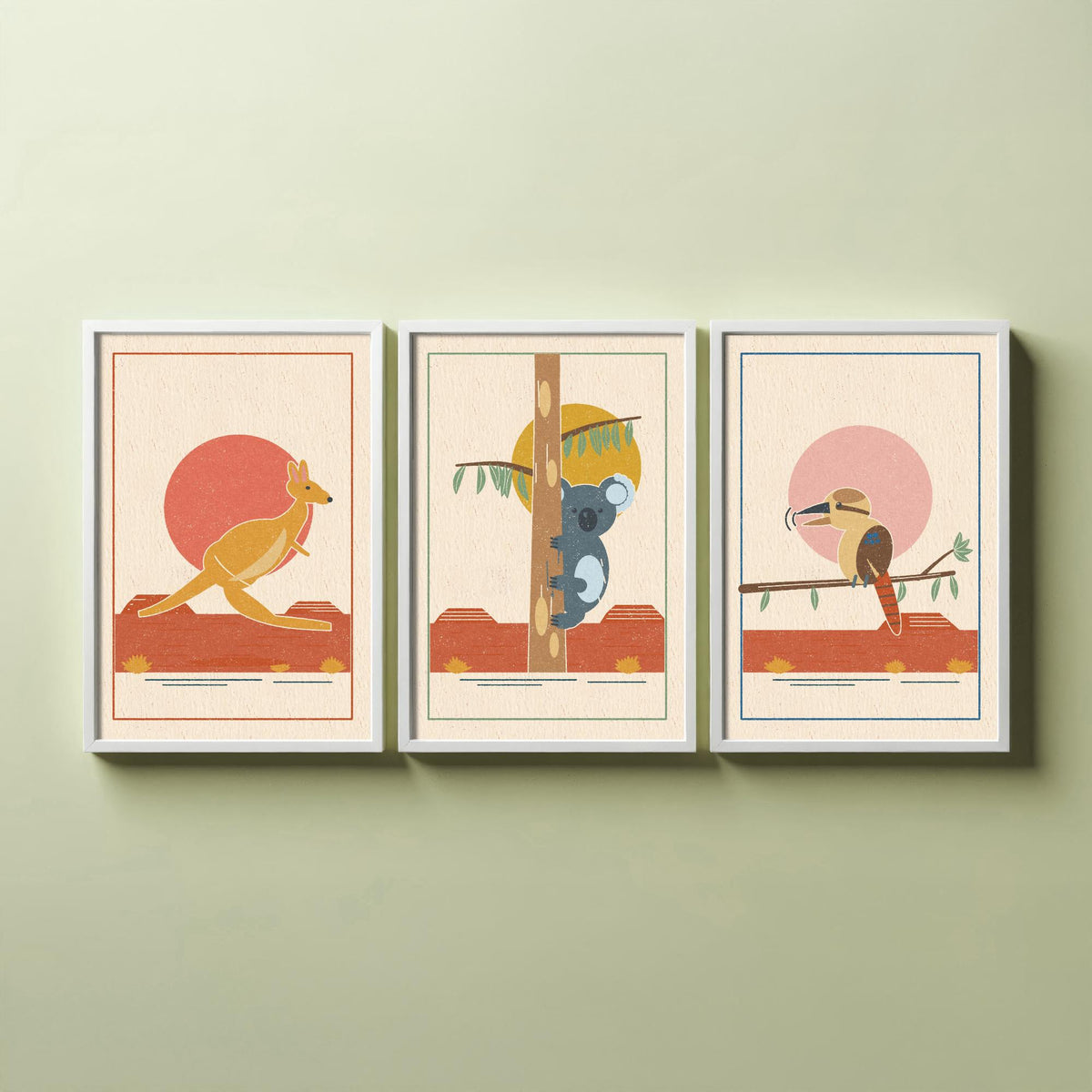 Australian Outback Animal Set of Three Art Prints - Kangaroo, Koala, Kookaburra - Linocut Style Poster Illustration V1
