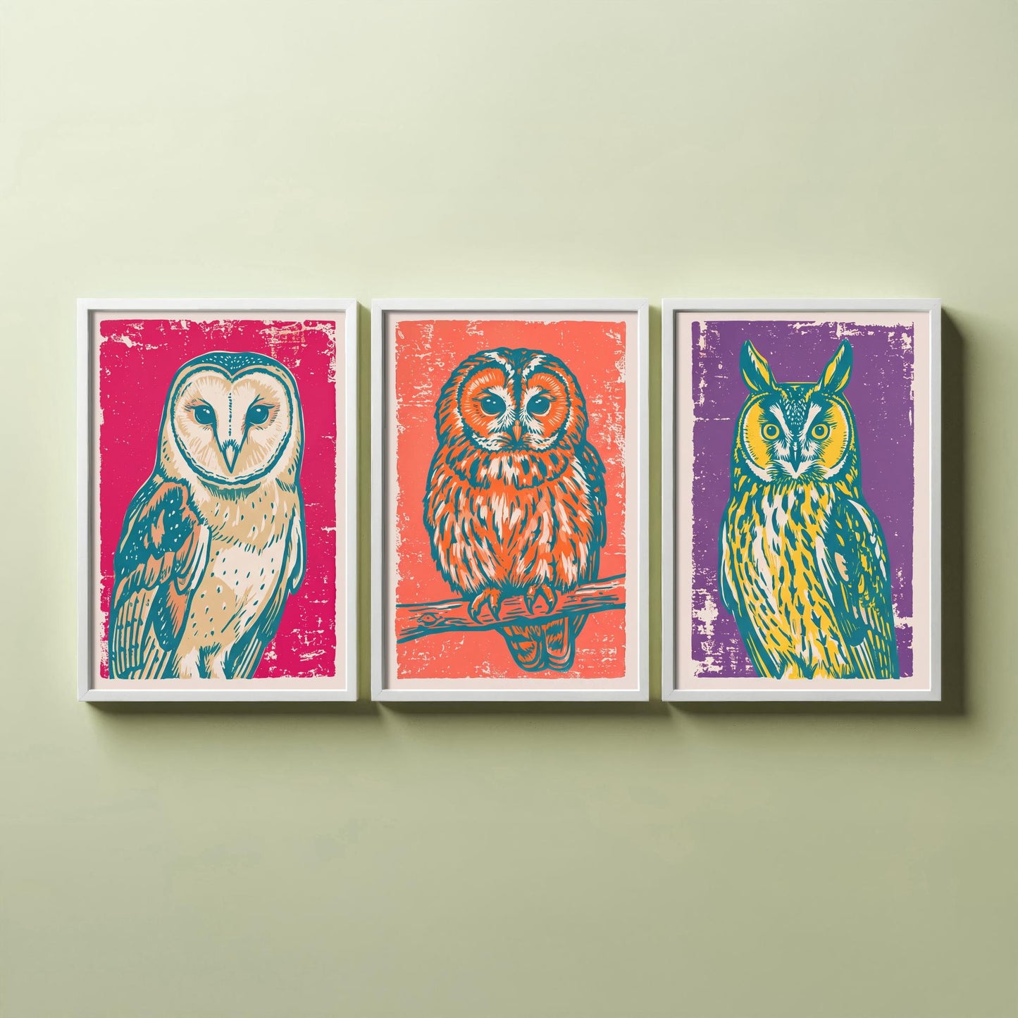 Barn Owl, Tawny Owl and Long Eared Owl - Set of Three Linocut Illustrations - Owl Art Prints - Bird Wall Posters V1