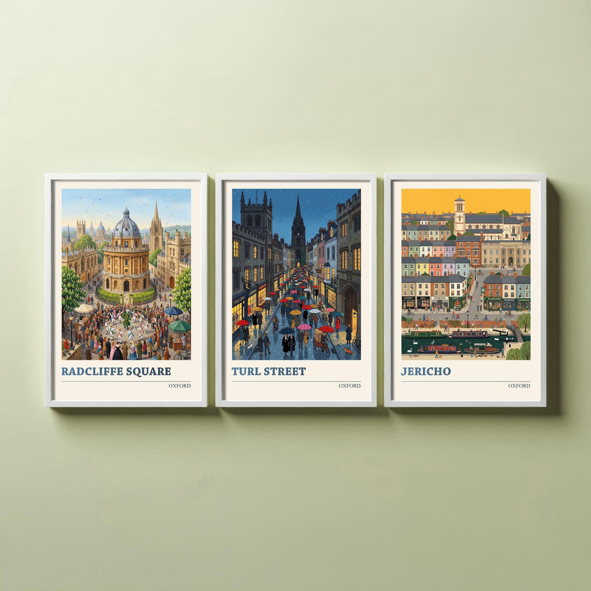 Oxford Set of Three Art Prints - Radcliffe Square, Turl Street, Jericho - 3 Colourful Folk Illustration Travel Posters - Oxford Painting