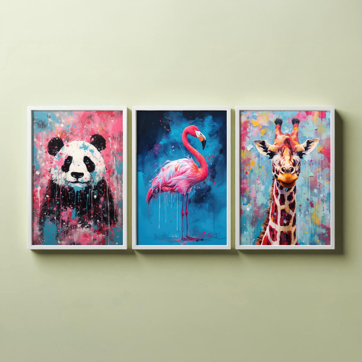 Panda, Flamingo and Giraffe Set of Three Art Prints - Bold Colourful Brush Strokes - Abstract Animal Painting Poster