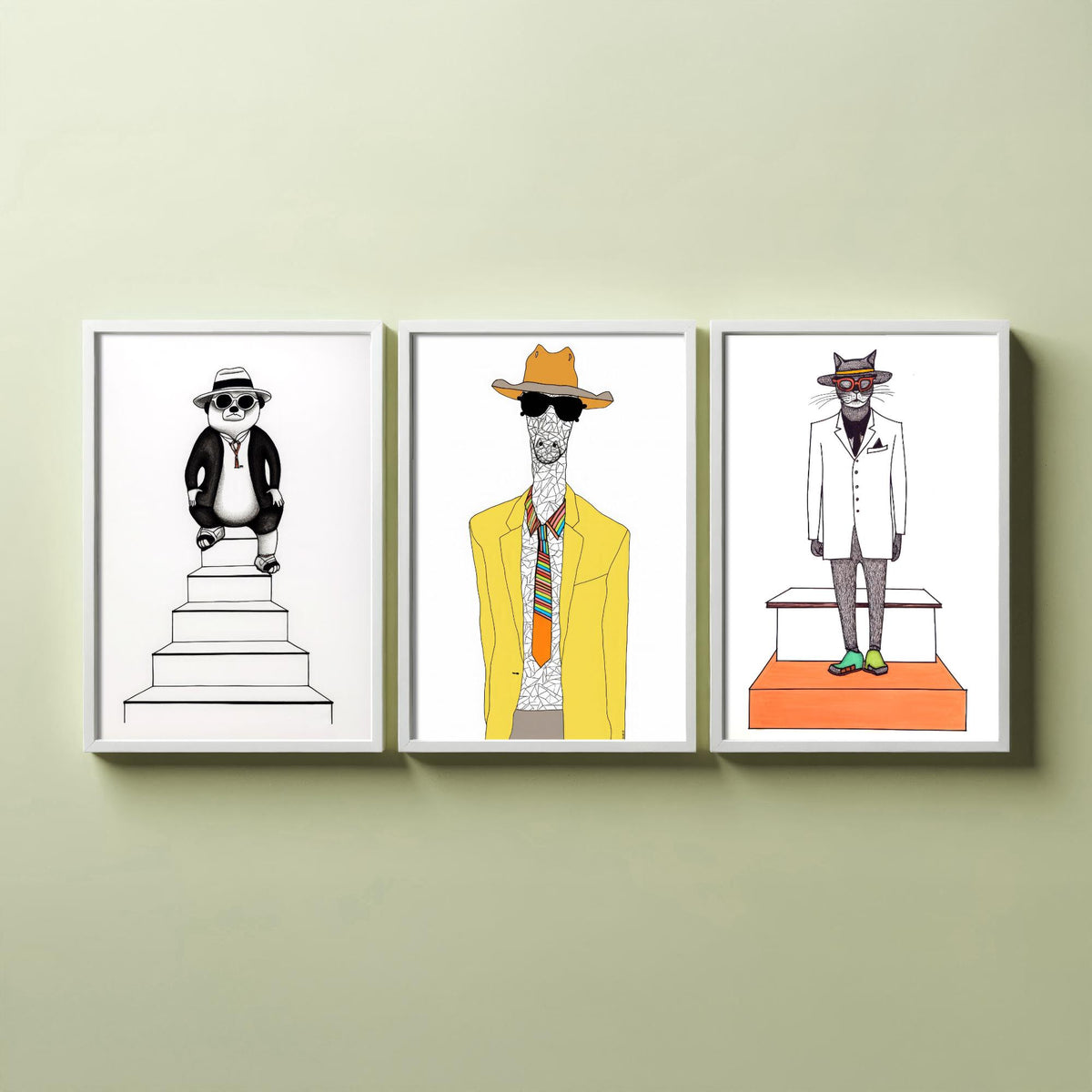 Dapper Animals Set of Three Art Prints - Panda, Giraffe, Cat - Quirky Fashion Line Drawing Poster