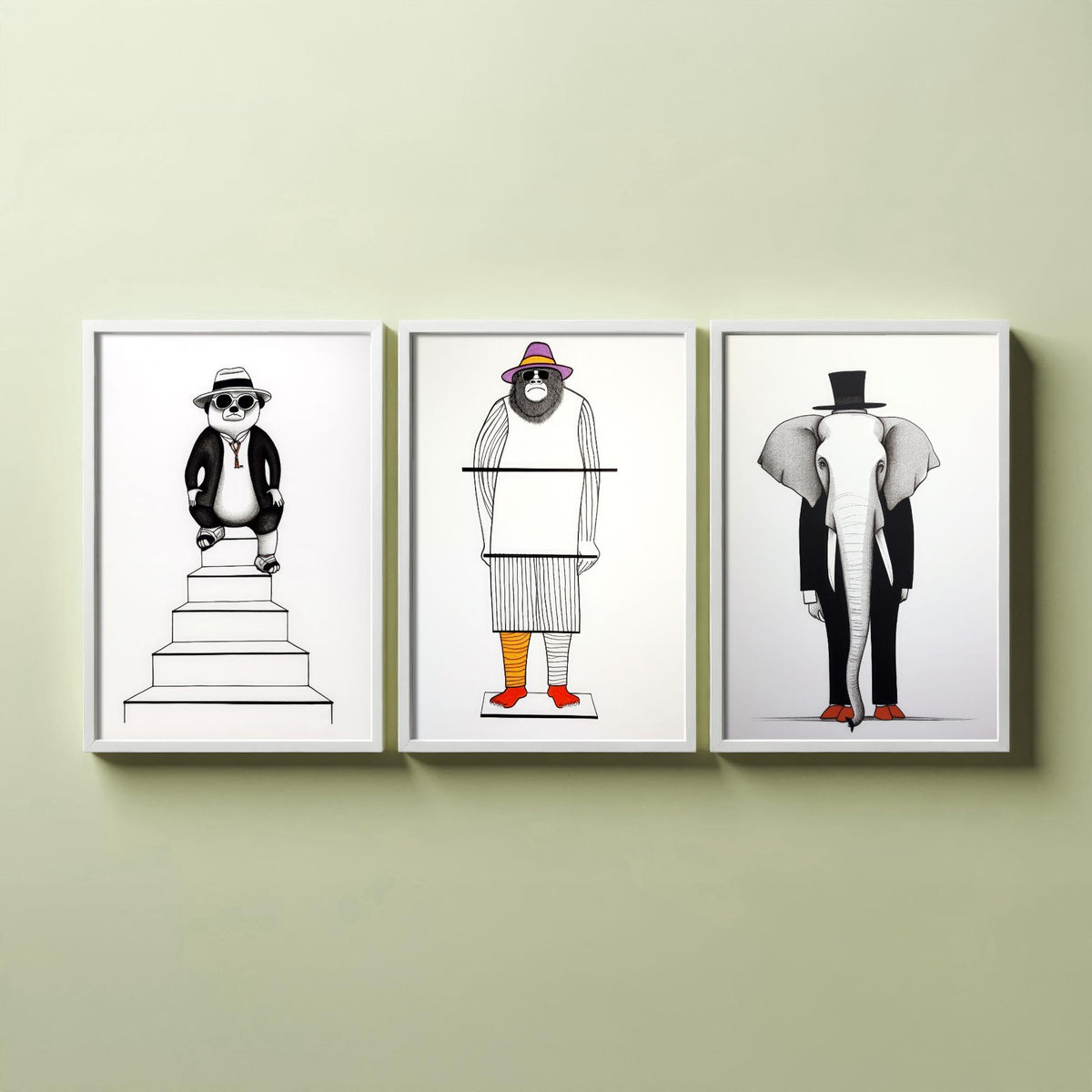 Dapper Animals Set of Three Art Prints - Panda, Gorilla, Elephant - Quirky Line Drawing Poster