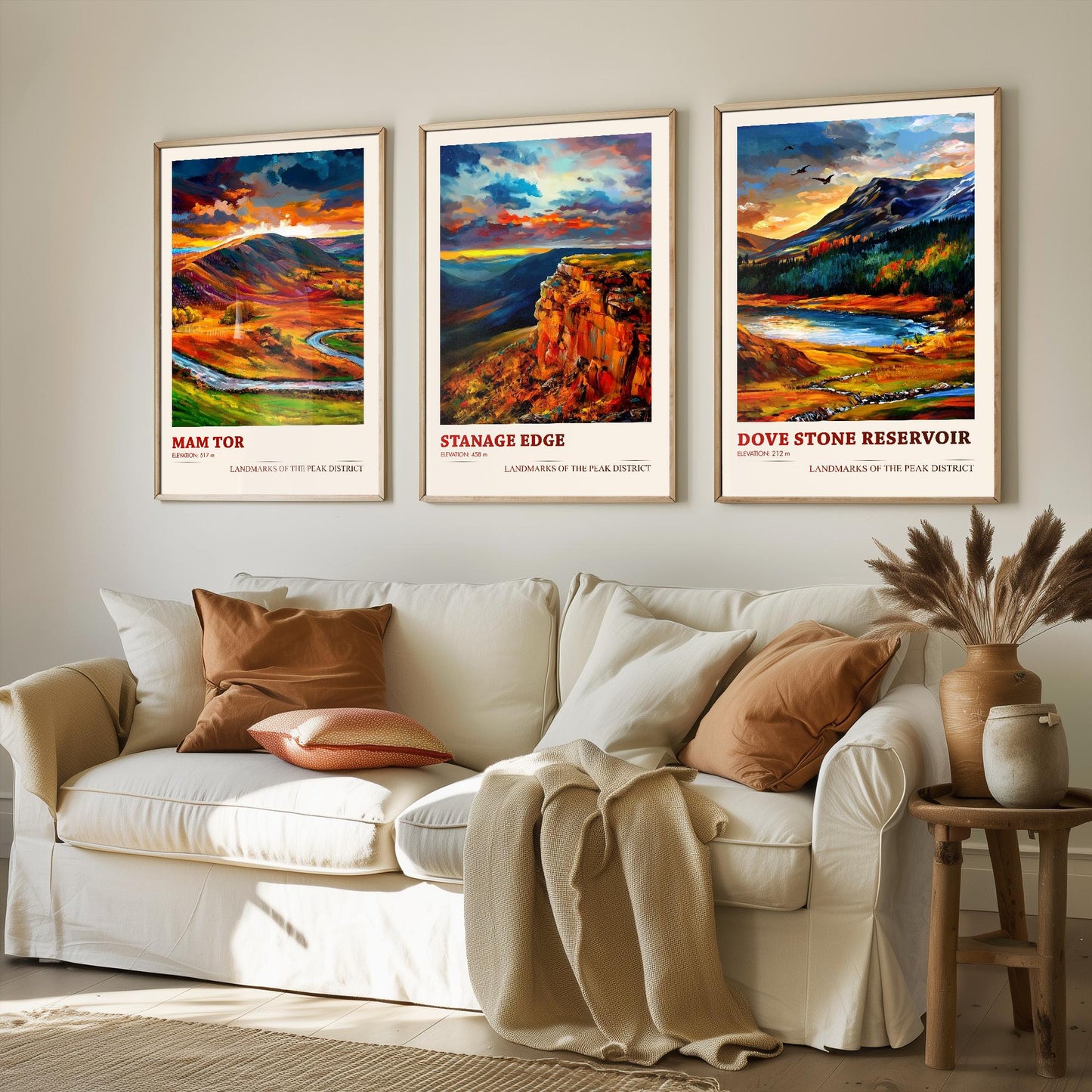 Landmarks of the Peak District - Set of Three Art Prints - Mam Tor, Stanage Edge, Dove Stone Reservoir Posters
