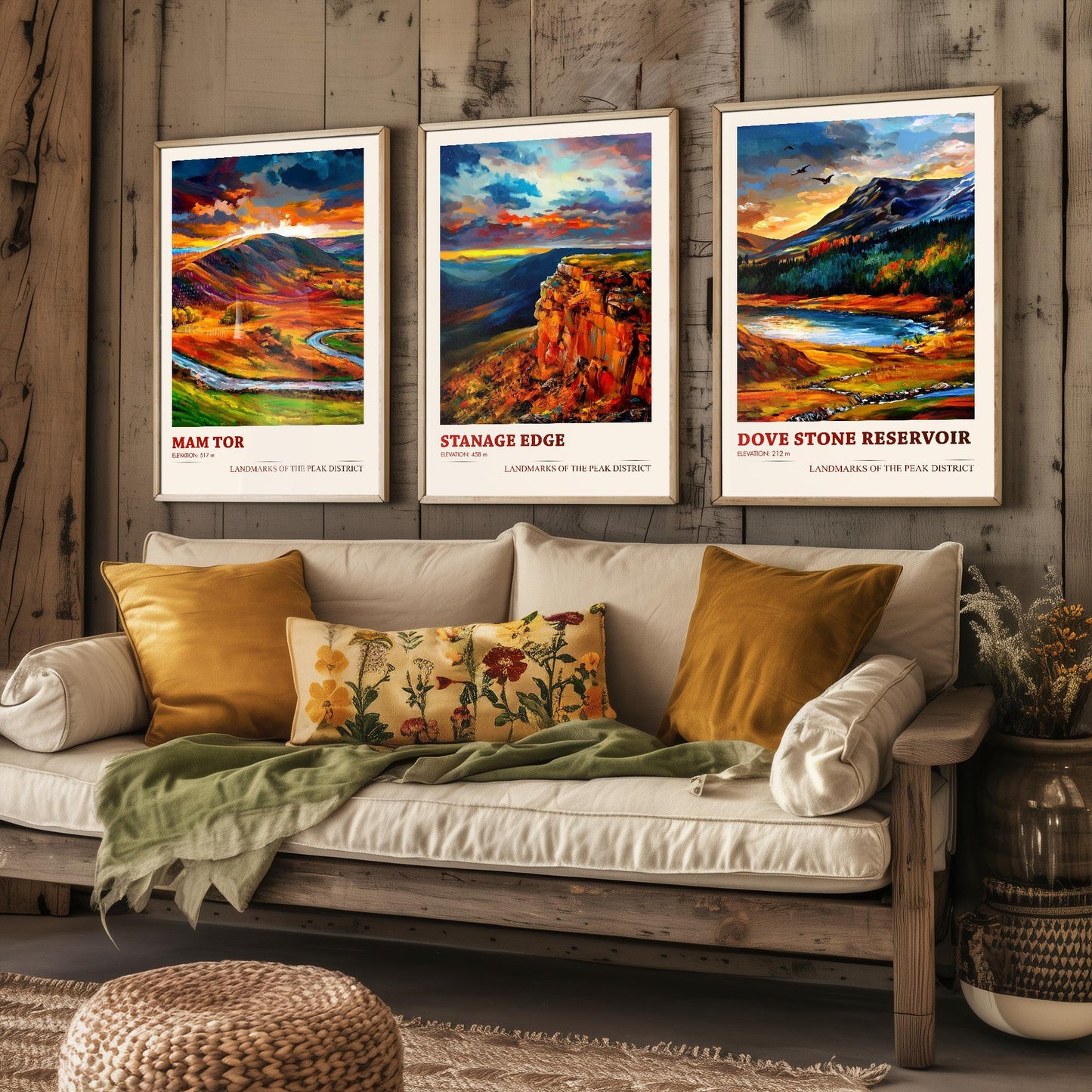 Landmarks of the Peak District - Set of Three Art Prints - Mam Tor, Stanage Edge, Dove Stone Reservoir Posters