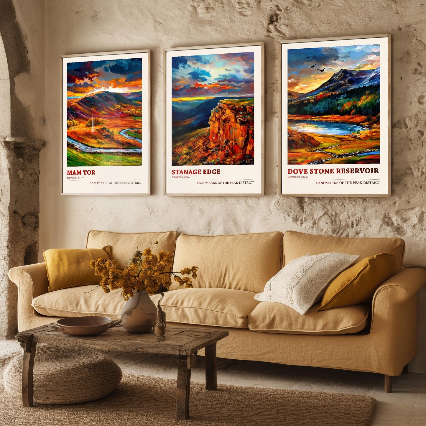 Landmarks of the Peak District - Set of Three Art Prints - Mam Tor, Stanage Edge, Dove Stone Reservoir Posters