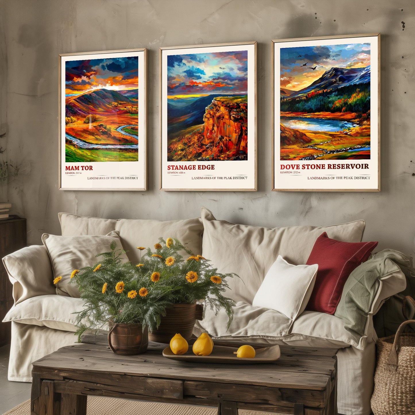 Landmarks of the Peak District - Set of Three Art Prints - Mam Tor, Stanage Edge, Dove Stone Reservoir Posters