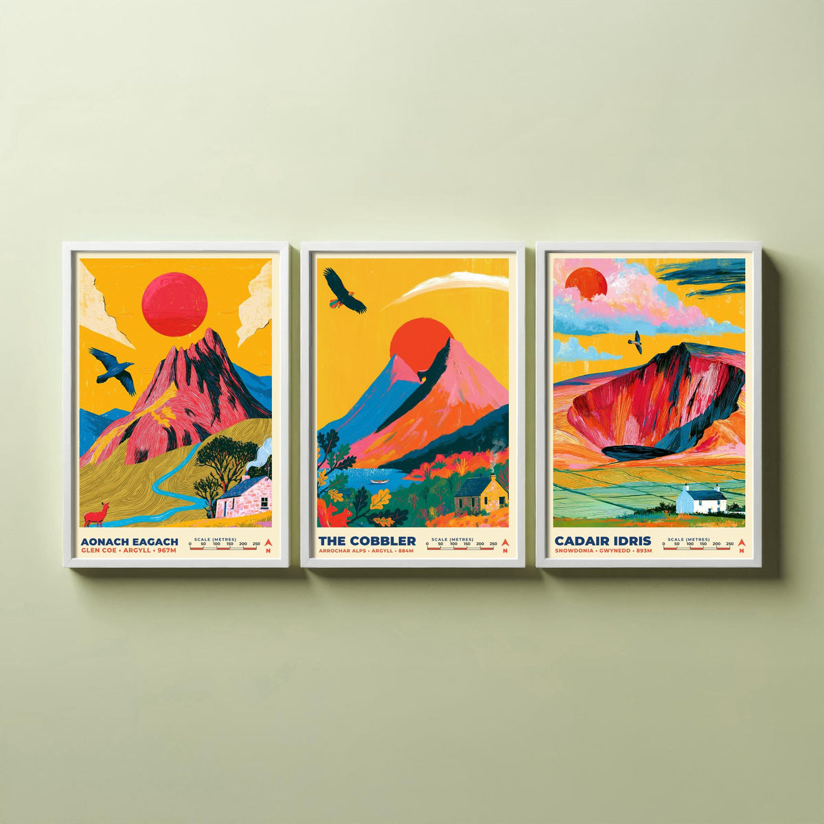 Peaks of Legend and Drama Set of Three Art Prints, Aonach Eagach The Cobbler and Cadair Idris Poster Illustration