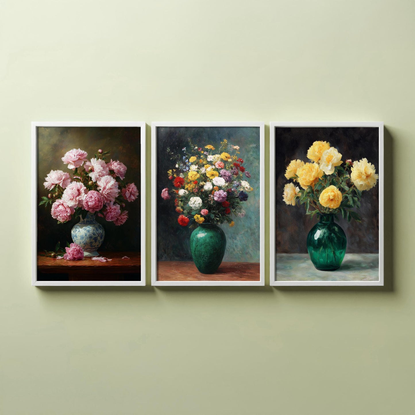 Pink Yellow Peony Painting Set of Three Art Prints - 3 Floral Bouquet Posters - Porcelain Vase Still Life Wall Art Giclee V2