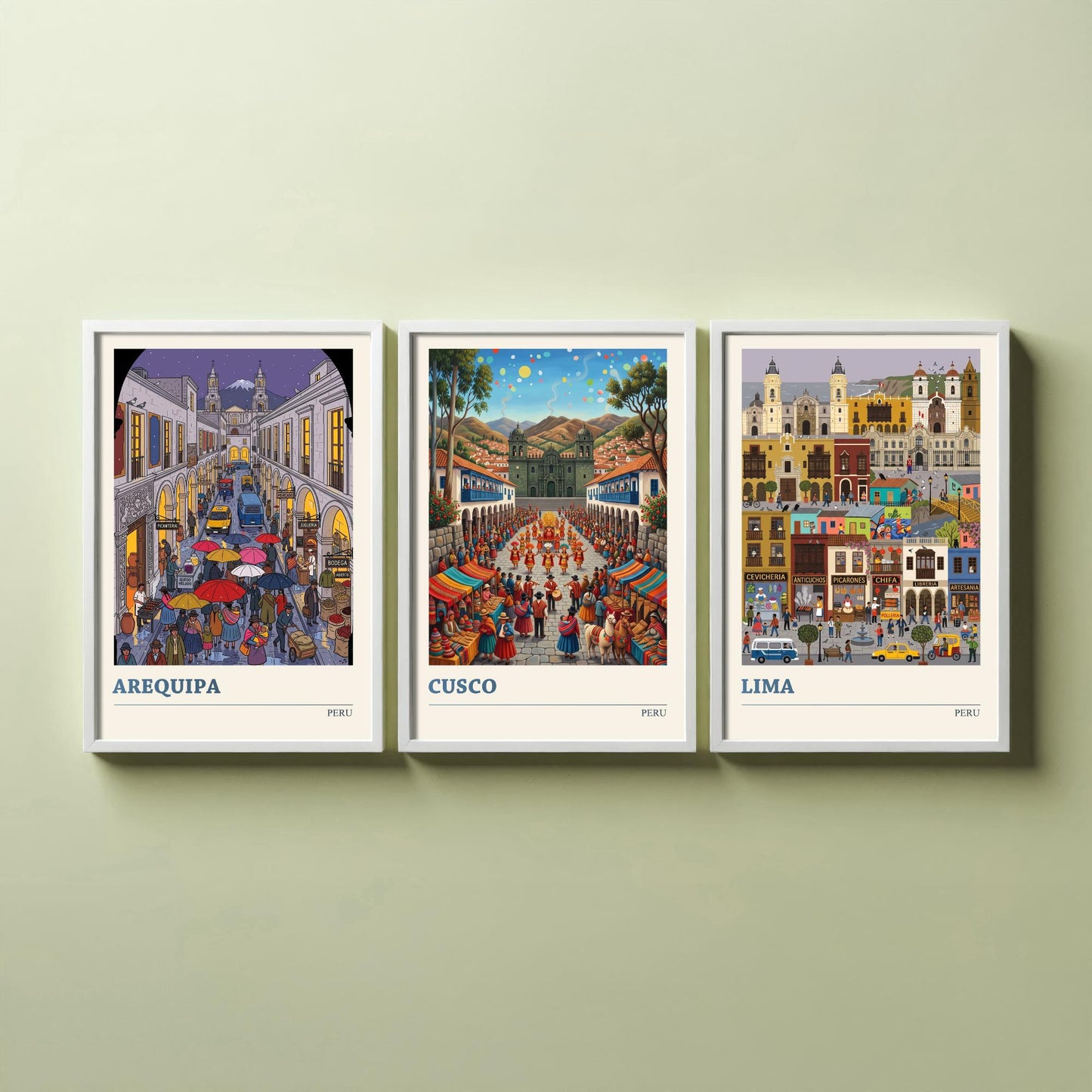 Peru Set of Three Art Prints - Arequipa, Cusco, Lima - 3 Colourful Folk Illustration Travel Posters - Peruvian Cities Painting