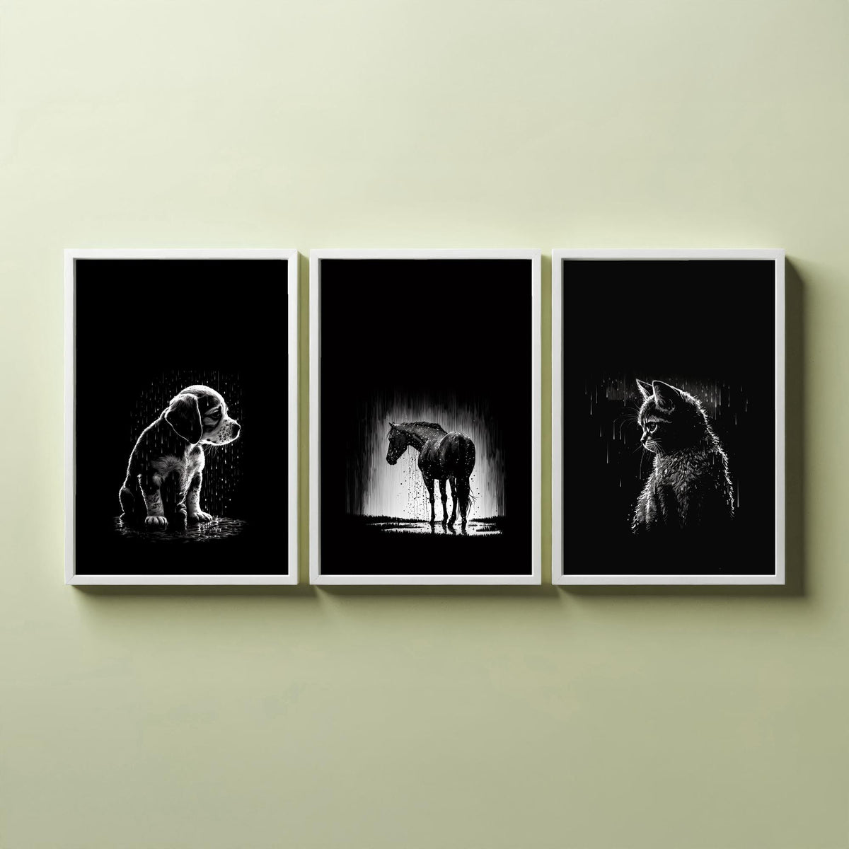 Pets in the Rain Set of Three Art Prints - Puppy, Horse and Kitten - Black and White Line Illustration Poster V2