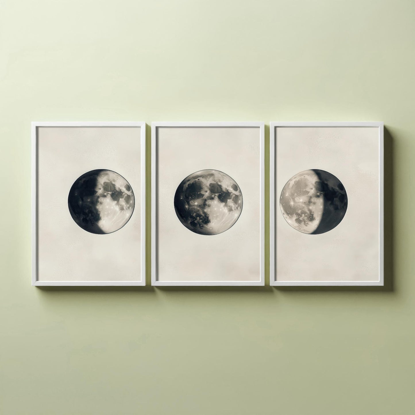 Moon Phases Set of Three Art Prints - 3 Waning Full Waxing Moon Posters - Sepia Vintage Photo Wall Art Astronomy Space Gift V4