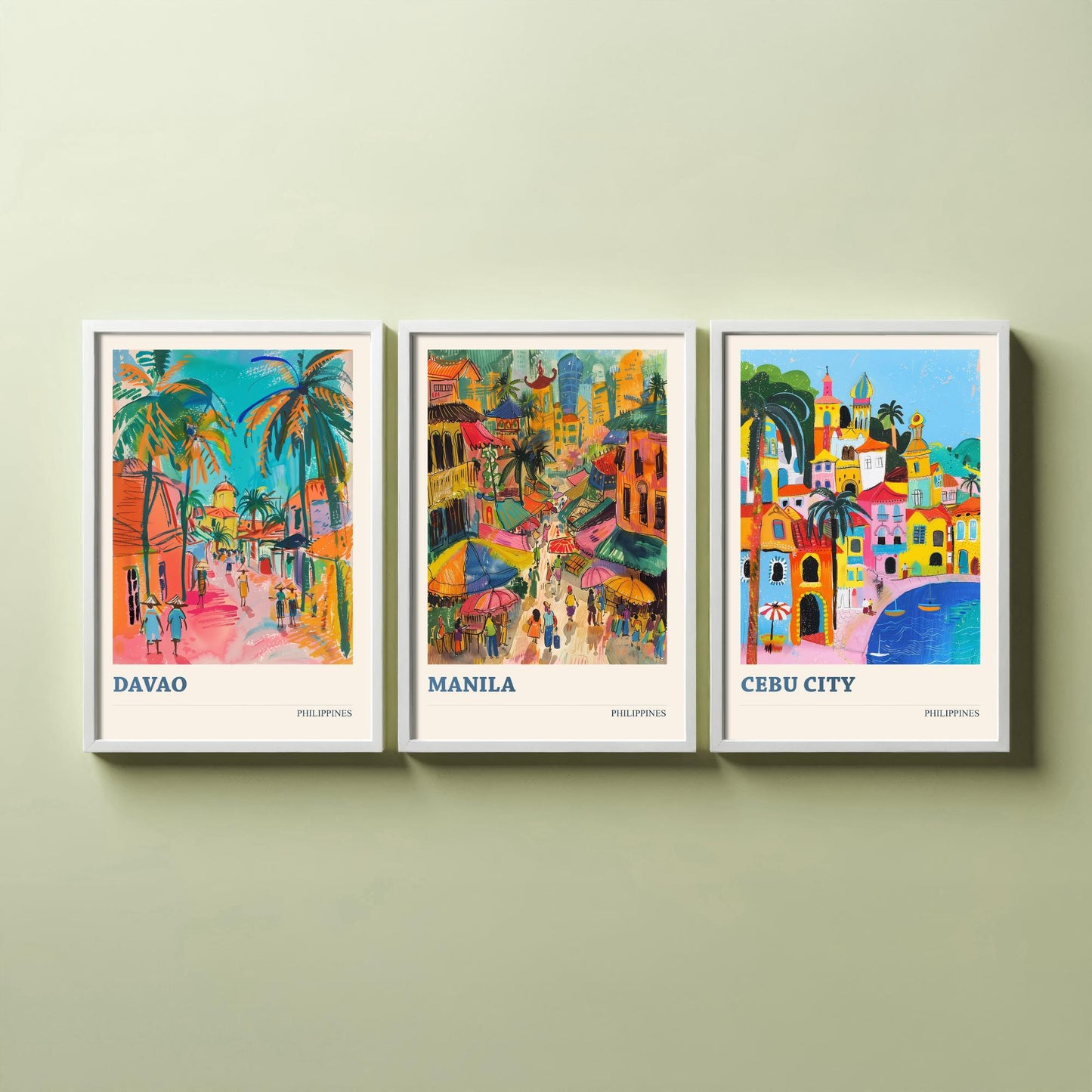 Philippines Set of Three Travel Posters - Davao, Manila, Cebu City - 3 Colourful City Art Prints - Illustration Wall Art Gift