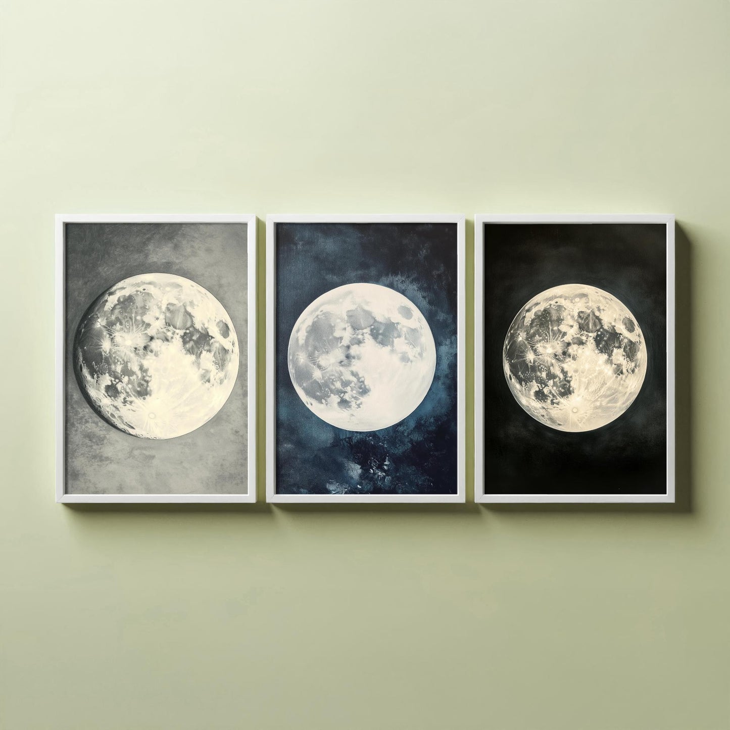 Glowing Full Moon Trio Set of Three Art Prints - 3 Luminous Moon Posters - Dark Blue Photo Wall Art Astronomy Space Gift V2