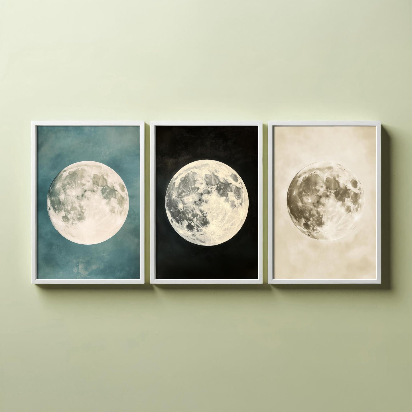 Full Moon Set of Three Art Prints - 3 Realistic Lunar Moons Teal Black Sepia Sky - Celestial Poster Photo Gift Astronomy V3