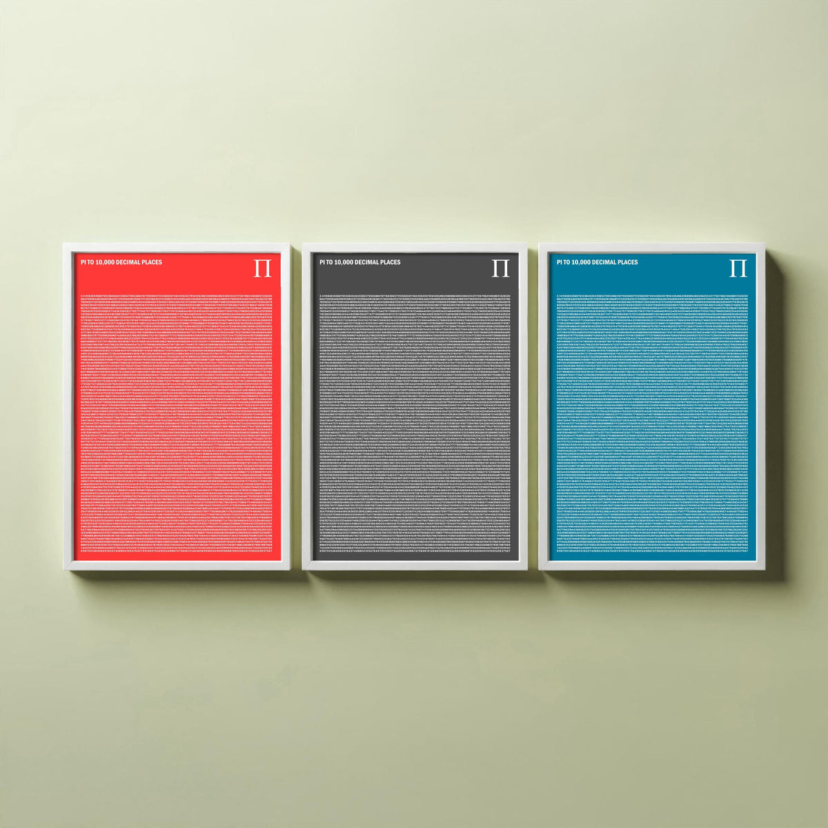 Pi to 10,000 Decimal Places Set of Three Art Prints - Red, Grey and Blue Typography - Maths Illustration Poster