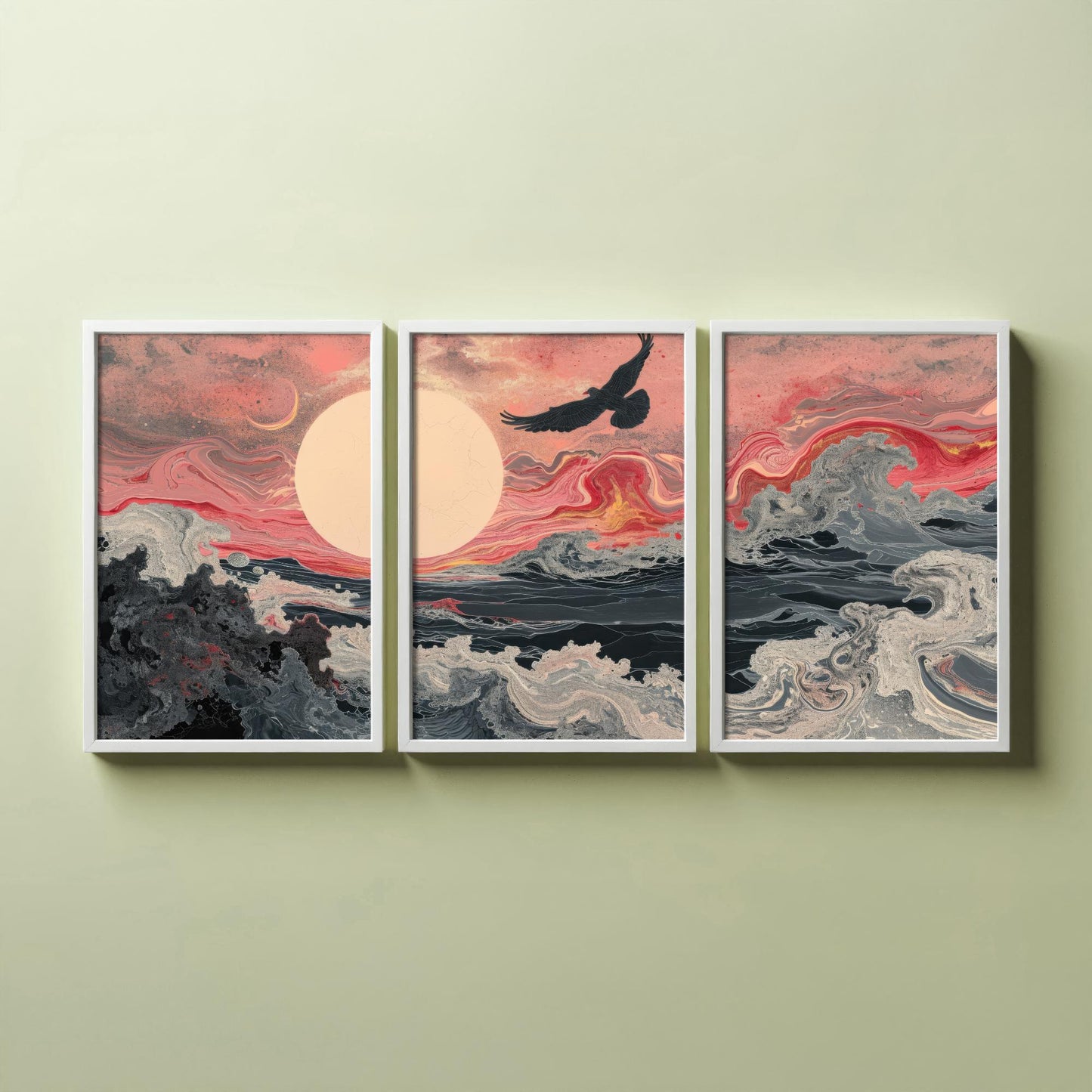 Pink Marbled Bird Set of Three Art Prints - 3 Soaring Bird Moon Ocean Wave Panels - Abstract Poster Painting Gift V2