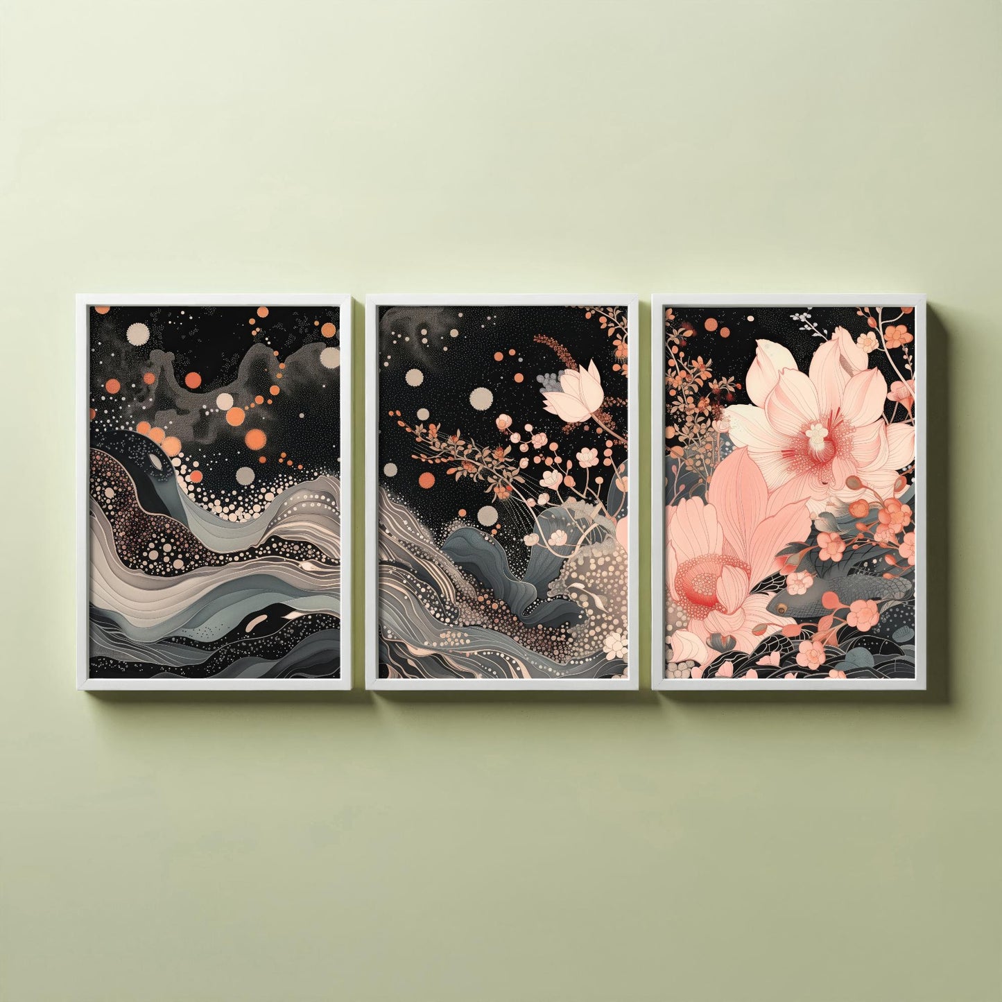 Pink Grey Lotus Set of Three Art Prints - 3 Sparkle Flower Marbled Wave Panels - Japanese Boho Poster Illustration Gift