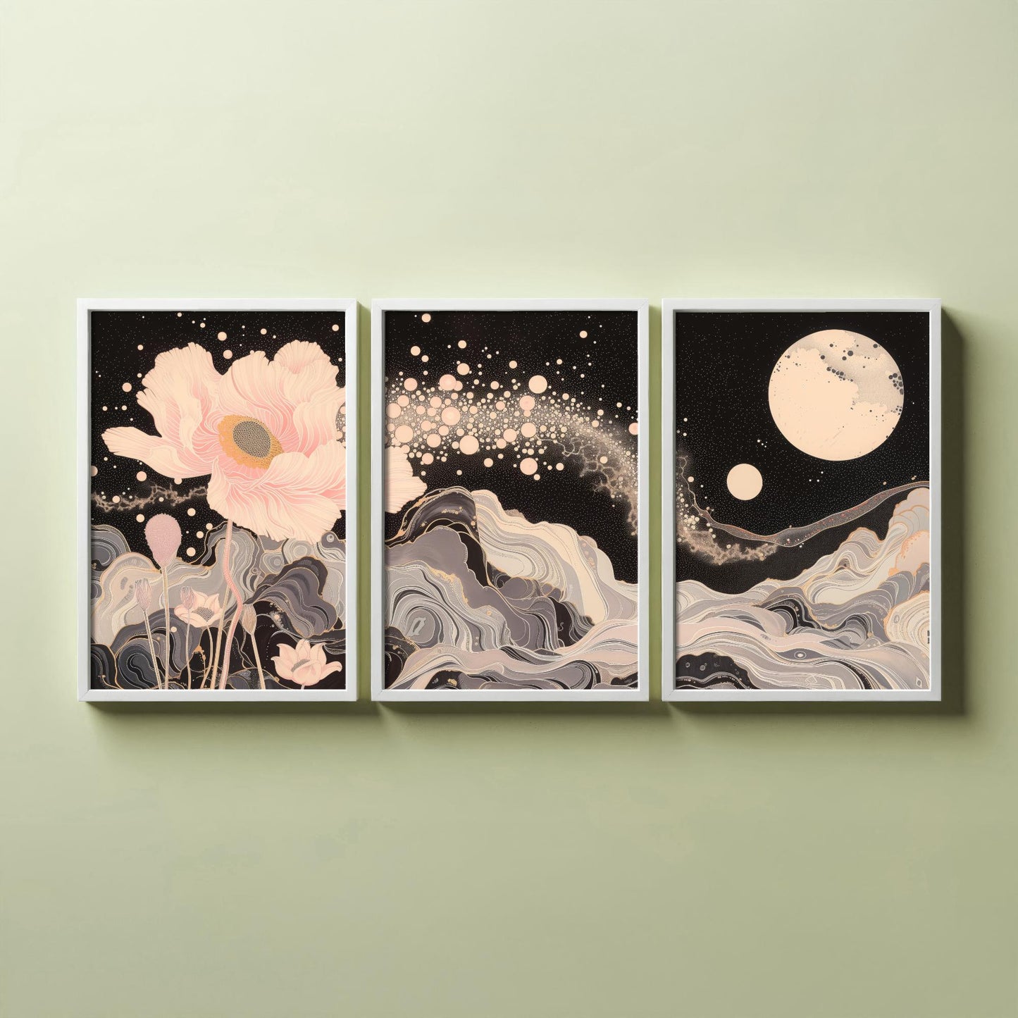 Youtan Poluo Pink and Grey Flower Set of Three Art Prints - 3 Mythical Bloom Moon Panels - Wall Art Poster Illustration pinkbrot