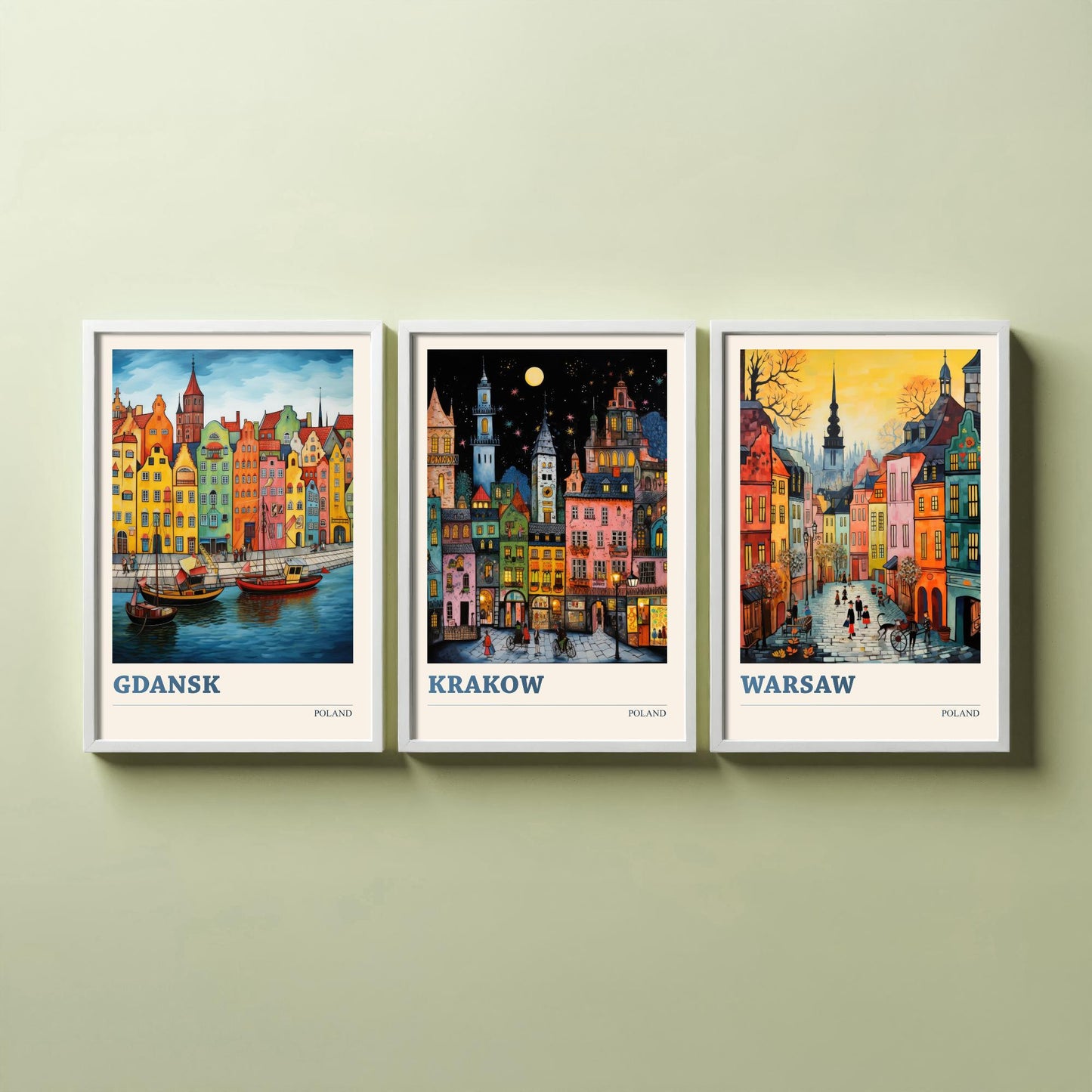 Poland Set of Three Travel Posters - Gdansk, Krakow, Warsaw - Vibrant Art Print Painting Gift Polish Wall Art Cityscape