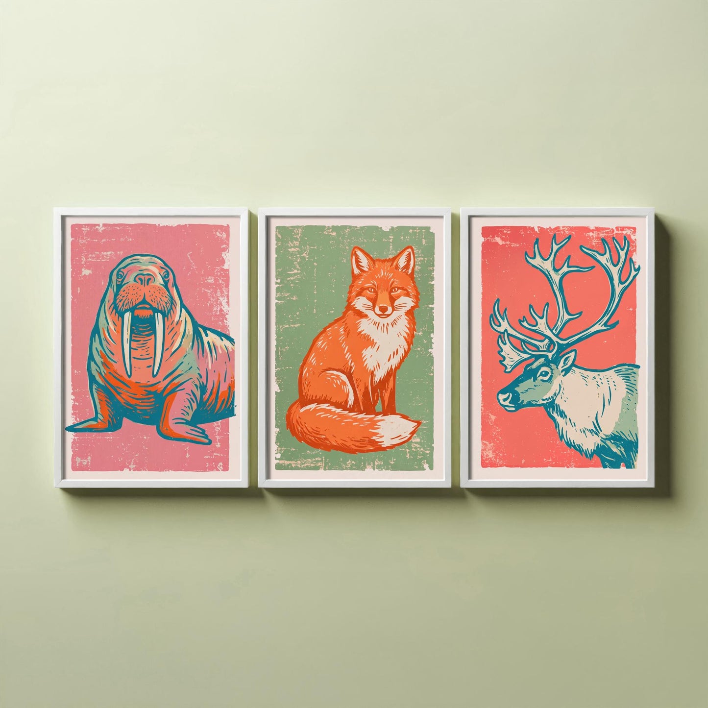 Walrus, Fox and Reindeer - Set of Three Polar Animals Art Prints - Linocut Illustrations - Arctic Nursery Posters V2