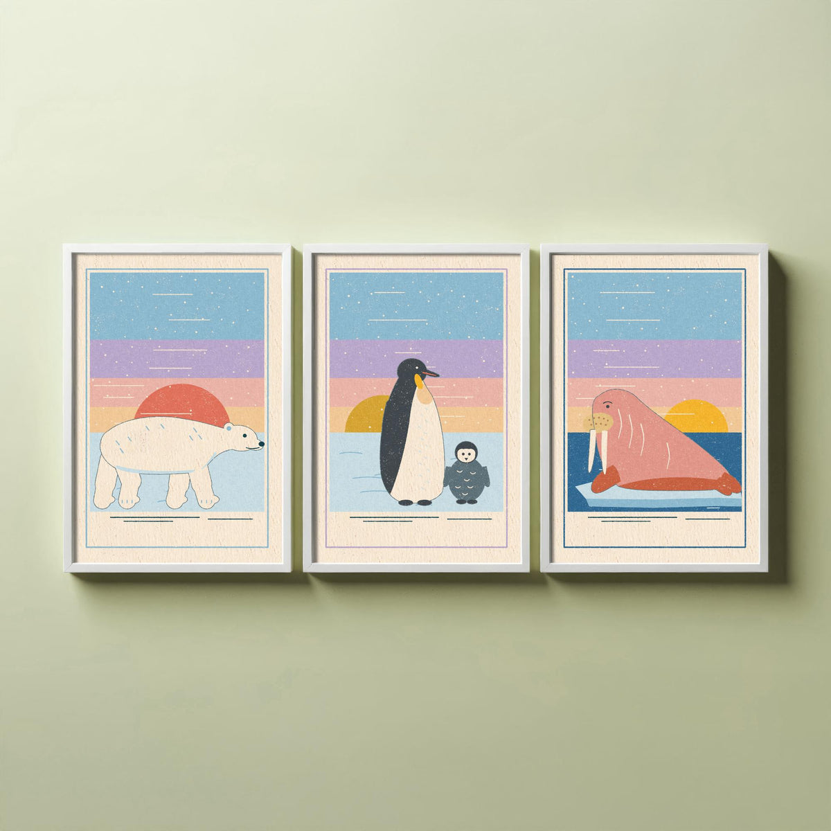 Polar Animal Set of Three Art Prints - Polar Bear, Penguin, Walrus - Linocut Style Poster Illustration V1