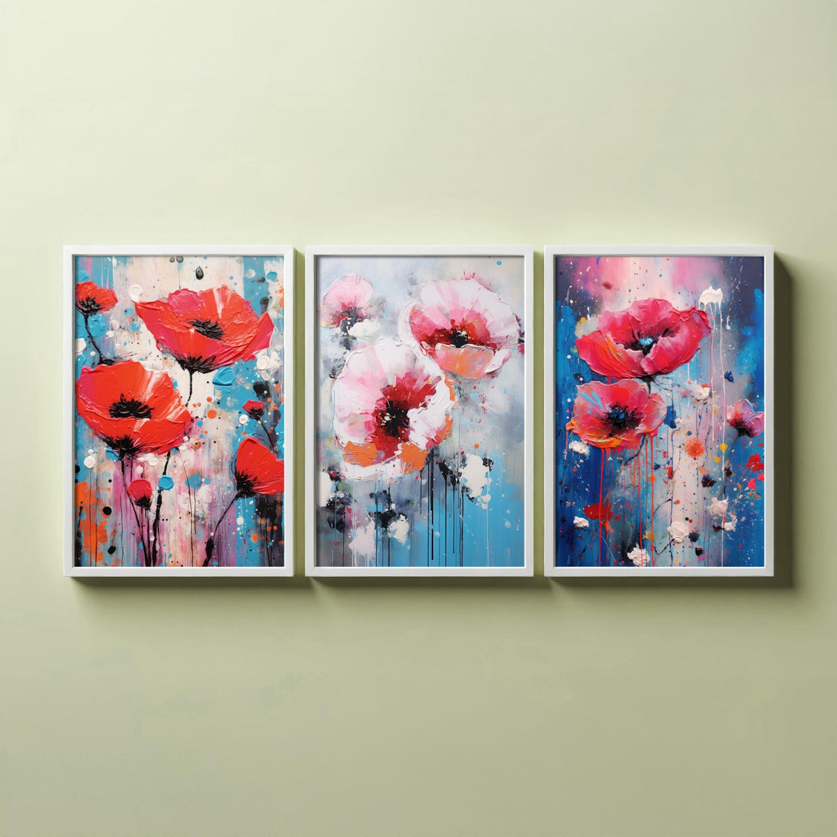 Poppies Set of Three Art Prints - Red and Pink Poppies on Blue - Abstract Floral Painting Poster