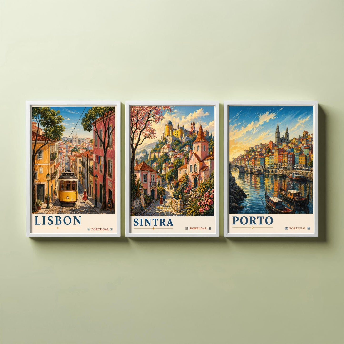 Portugal Set of Three Art Prints - 3 Lisbon Sintra Porto Posters - Golden Vintage Wall Art Painting Travel ludwig V2