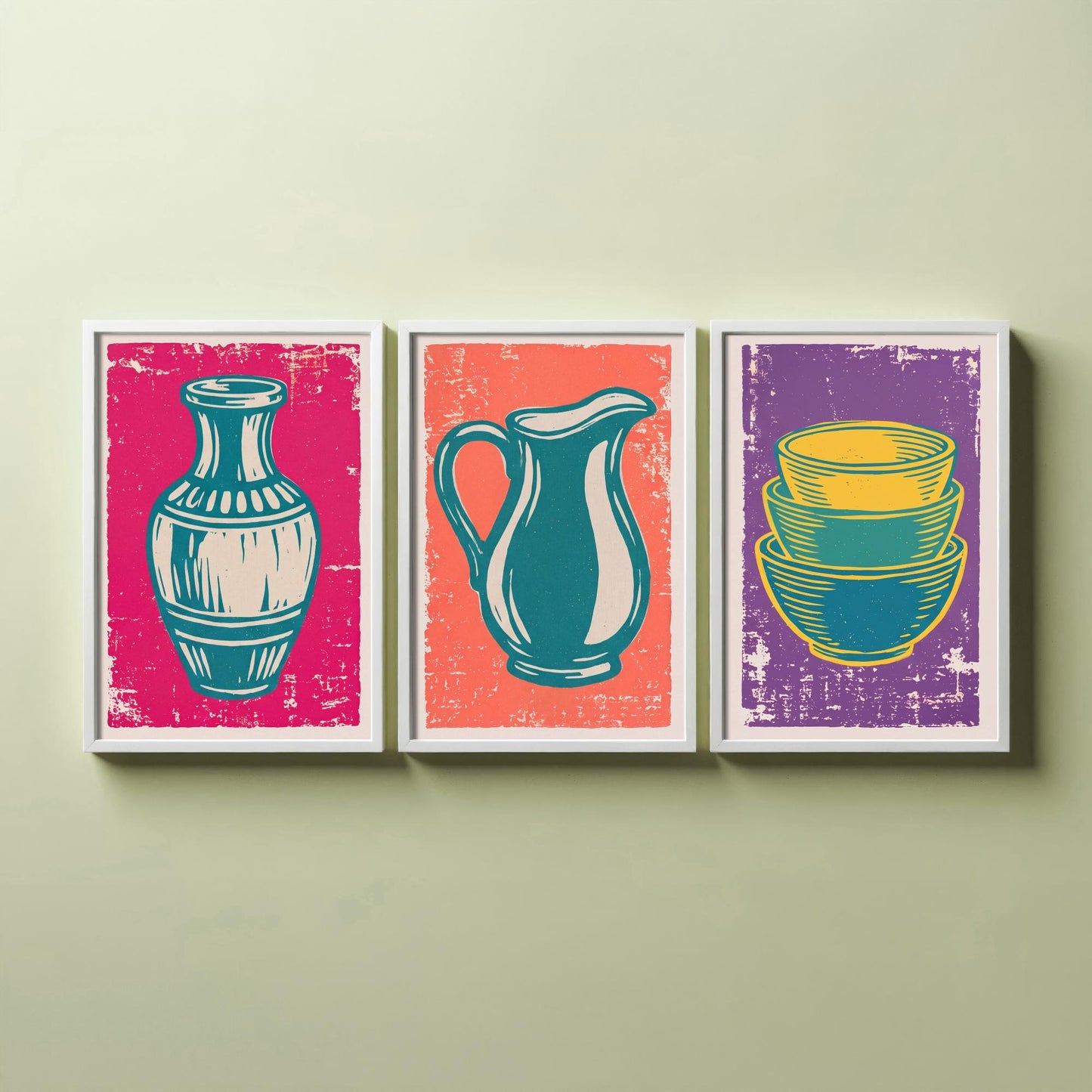 Set of Three Pottery Art Prints - Vase, Jug, Nested Bowls - Linocut Illustrations - Ceramics Studio Triptych Posters V1
