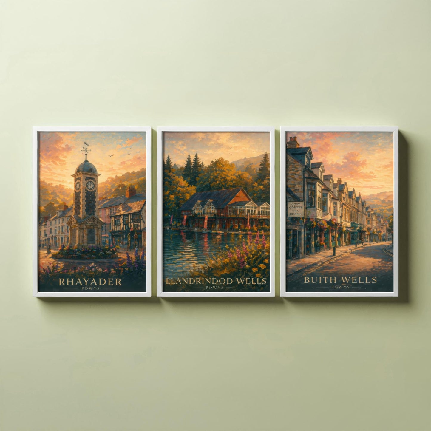 Powys Wales Set of Three Art Prints - 3 Rhayader Llandrindod Wells Builth Wells Posters - Sunset Wall Art Painting Travel