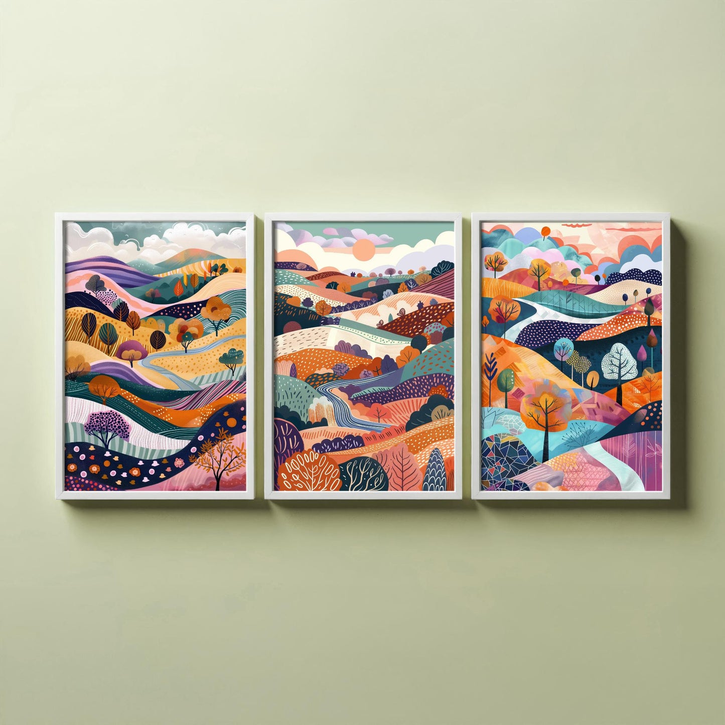 Flowing Purple English Landscape Set of Three Art Prints - 3 Rolling Hills Fields Valley Posters - Abstract Countryside Illustration Gift