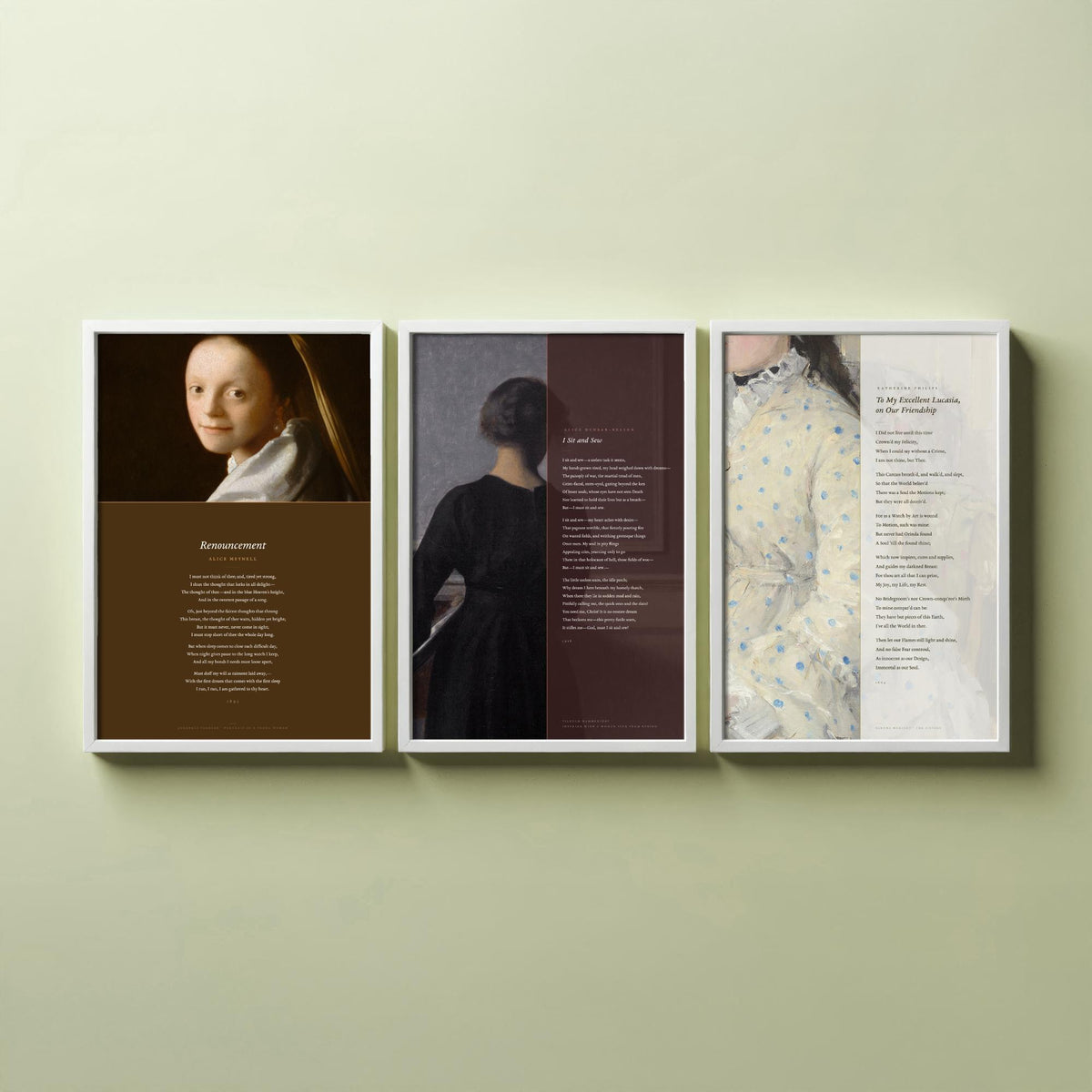 Quiet Interiors Poems Set of Three Art Prints - Renouncement, I Sit and Sew, To My Excellent Lucasia - Painting Poster Triptych