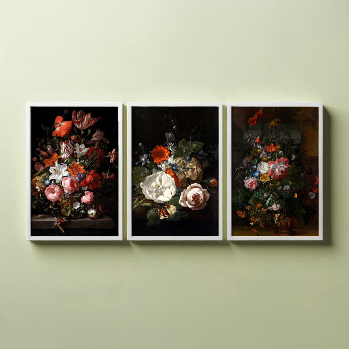 Rachel Ruysch Flower Still Life Set of Three Art Prints - Dutch Golden Age Bouquets - Dark Floral Painting Poster V2