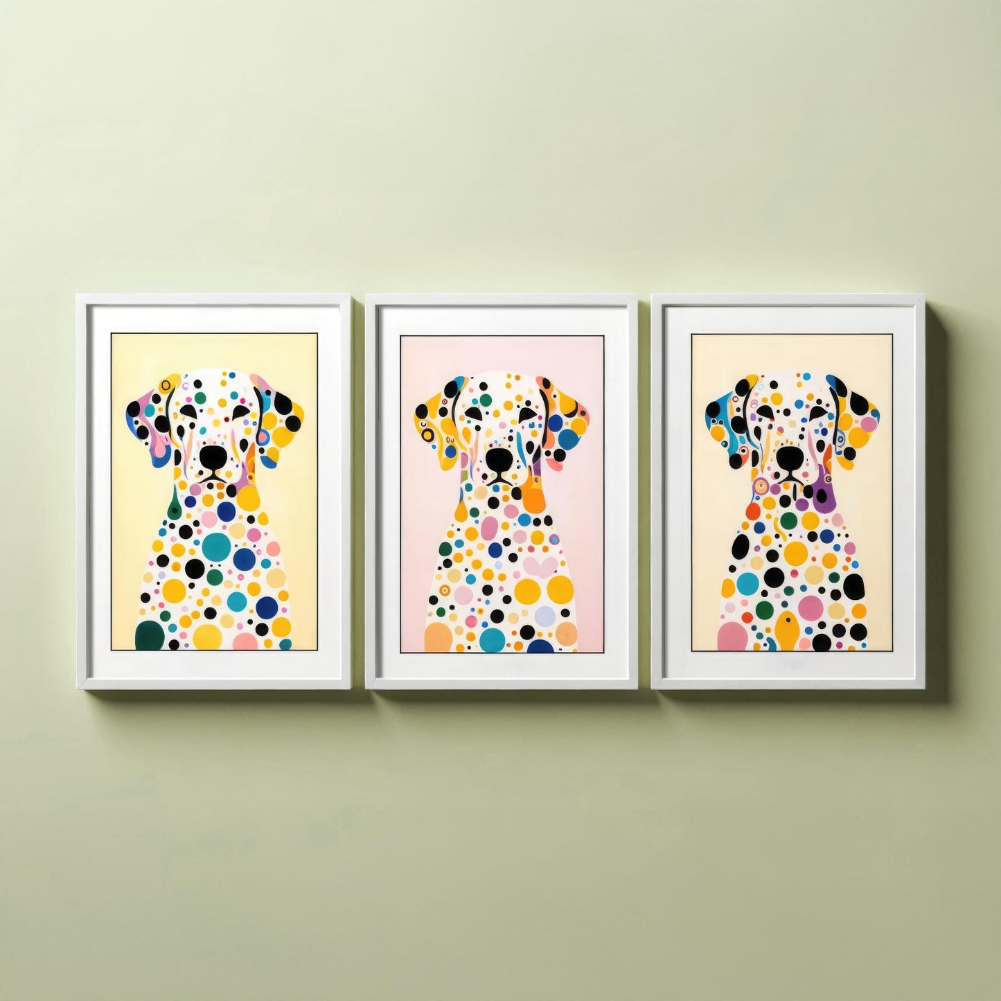 Rainbow Dalmatian Set of Three Art Prints - 3 Colourful Polka Dot Dog Posters - Pop Art Illustration Nursery Kids Gift