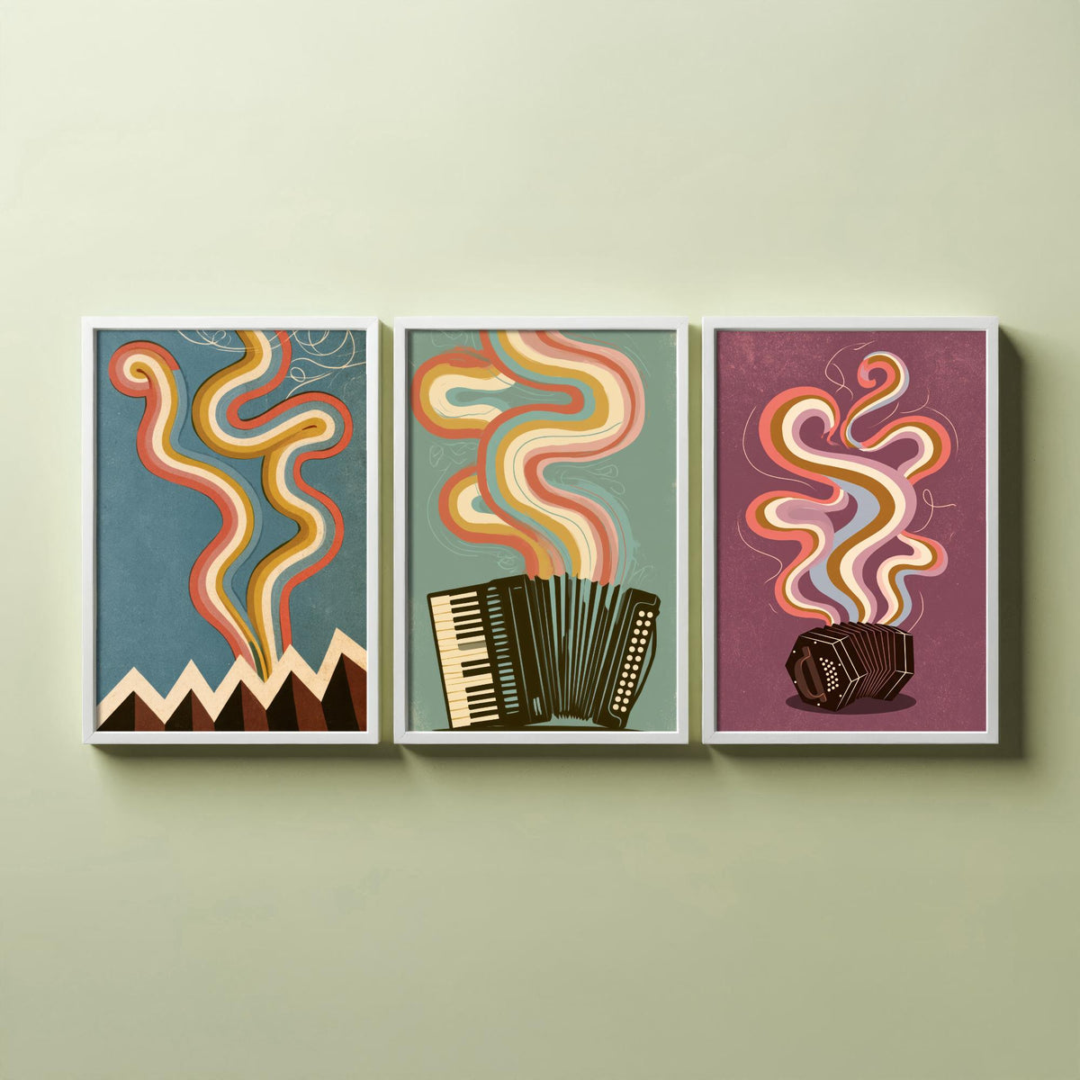 Accordion and Concertina Set of Three Art Prints - Bellows Folds, Piano Accordion, Squeezebox - Retro Rainbow Music Poster Illustration