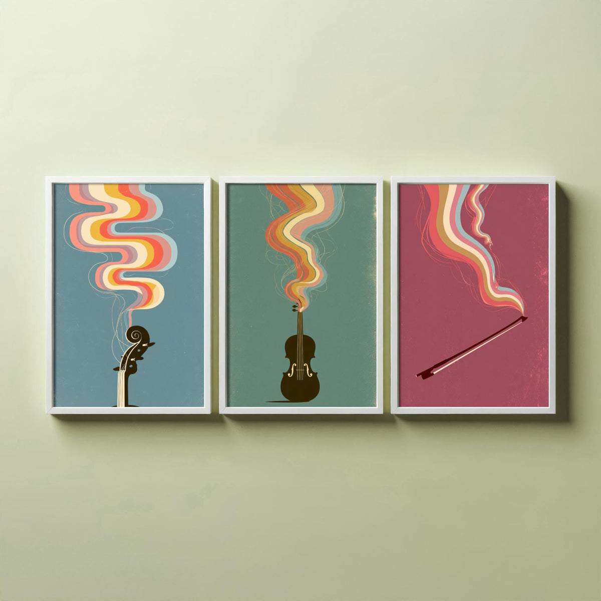 Violin Scroll and Pegs, Fiddle and Bow Set of Three Art Prints - Rainbow Strings Music Poster - 1970s Illustration