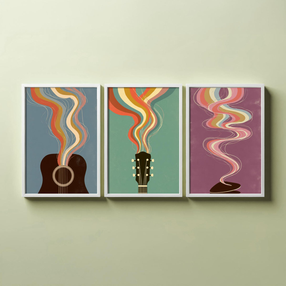 Acoustic Guitar Sound Hole, Headstock and Pick Set of Three Art Prints - Rainbow Guitar Poster - Retro Music Illustration