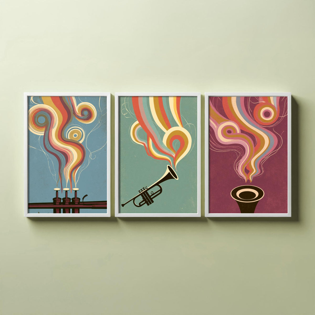 Trumpet Valves, Brass Trumpet and Bell Head On Set of Three Art Prints - Rainbow Jazz Poster - 70s Music Illustration