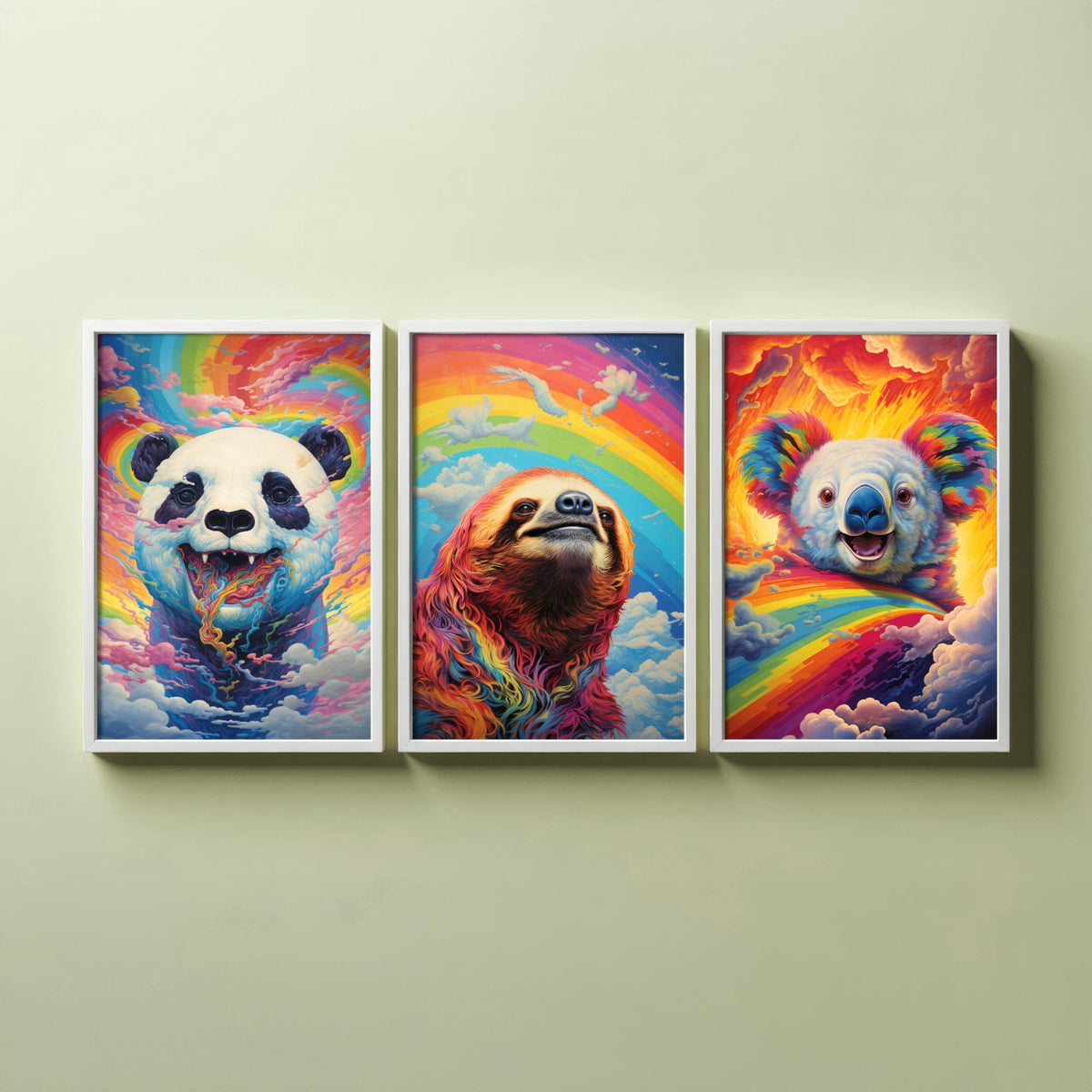 Rainbow Swirl Animals Set of Three Art Prints - Panda, Sloth and Koala - Vivid Psychedelic Poster Illustration