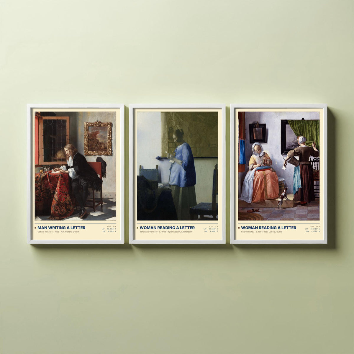 Letters Set of Three Art Prints - Man Writing a Letter, Woman Reading a Letter - Metsu and Vermeer Gallery Posters - Dutch Paintings
