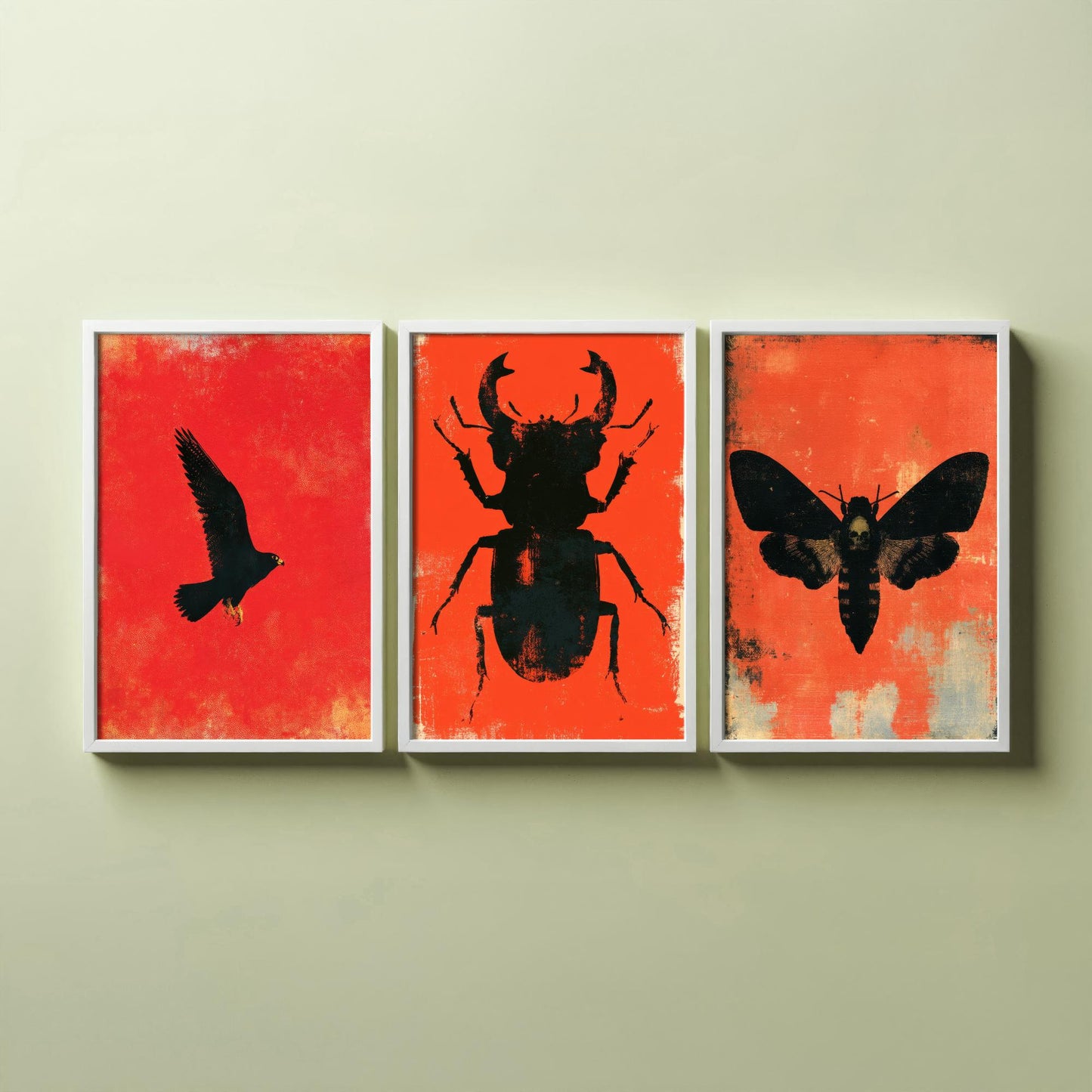 Red Felt Set of Three Art Prints - Peregrine Falcon, Stag Beetle, Death's Head Hawkmoth - Bold Red and Black Posters - Gothic Illustration