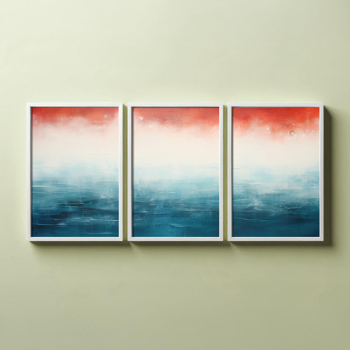 Red Rust Ocean Set of Three Art Prints - Abstract Teal Sea and Coral Sky - Panoramic Minimalist Painting Poster