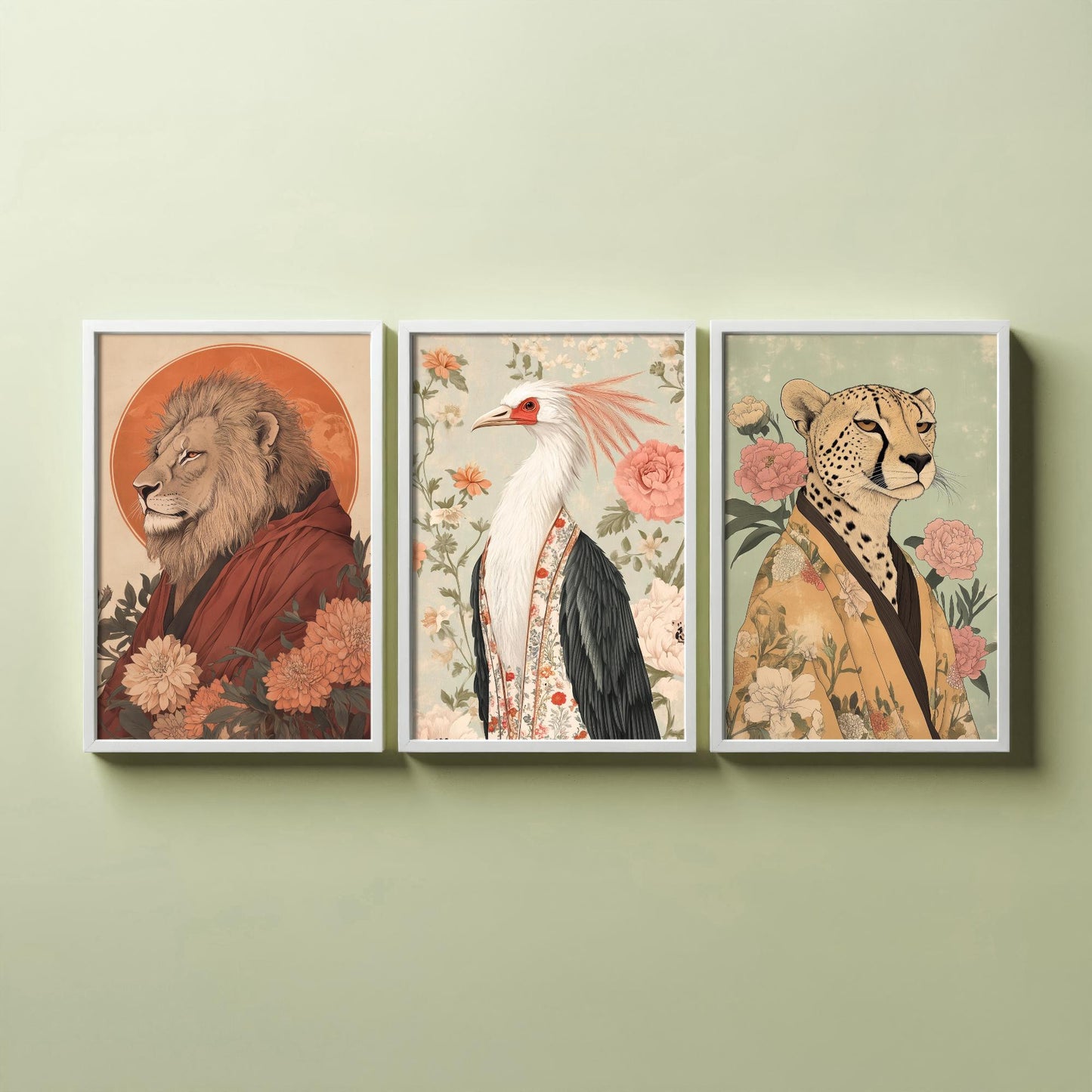 Religious Animals Savanna Sovereigns Set of Three Art Prints - 3 Lion Secretary Bird Cheetah Posters - Ornate Illustration Gift