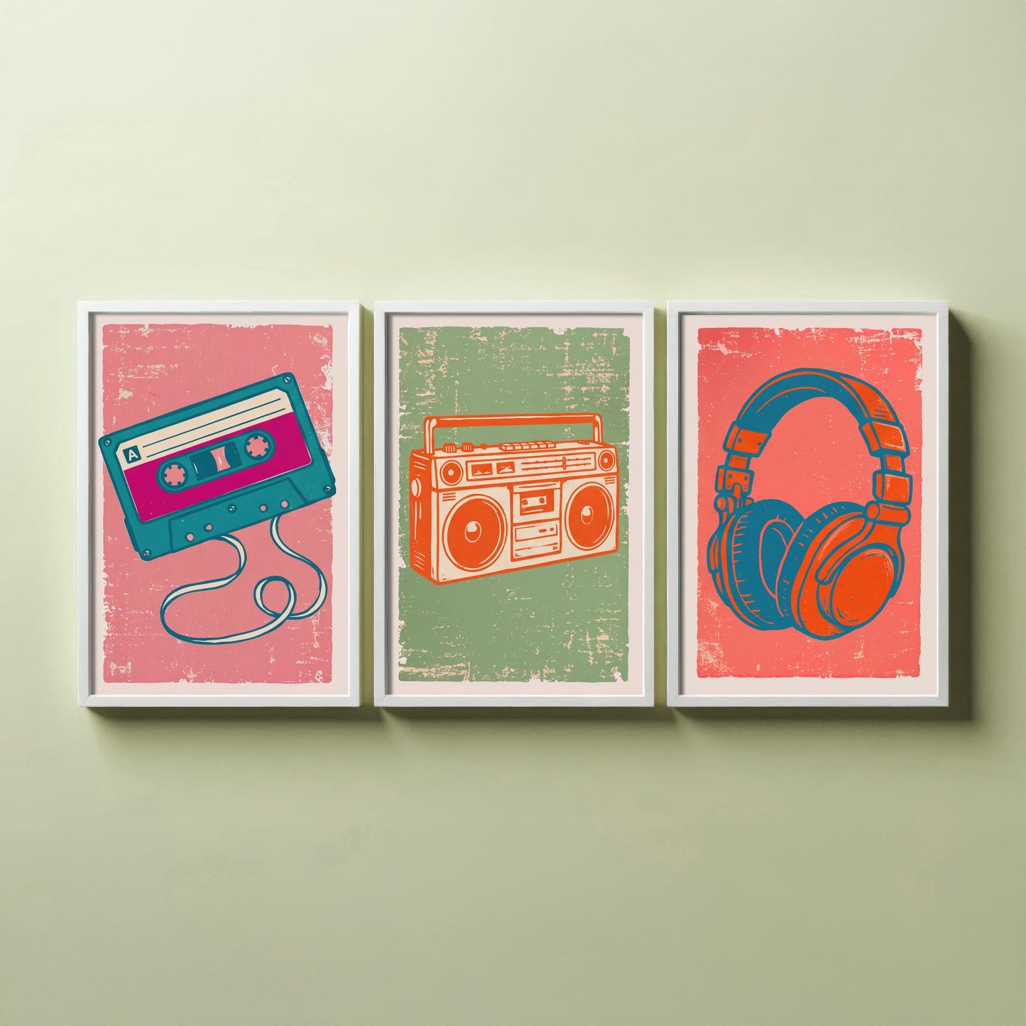 Set of Three Retro Audio Art Prints - Cassette Tape, Boombox & Headphones - Linocut Style Illustrations - Music Posters V2