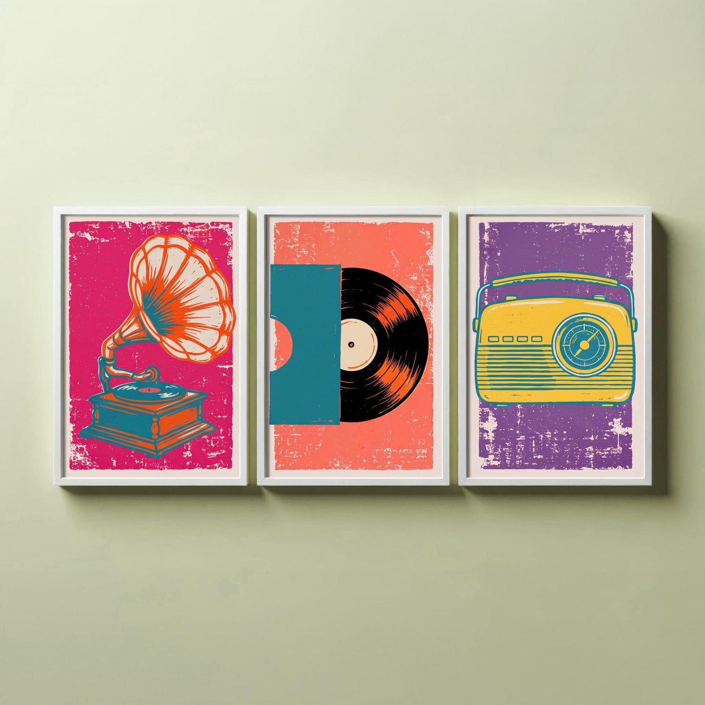 Set of Three Retro Audio Art Prints - Gramophone, Vinyl Record & Dial Radio - Linocut Style Illustrations - Music Posters V1