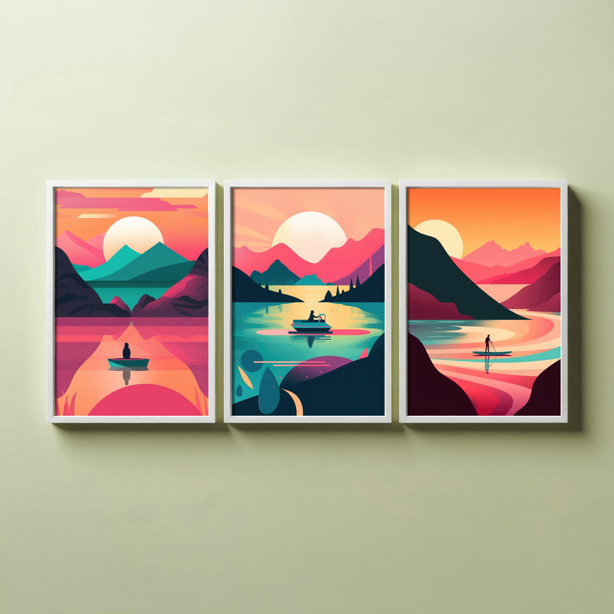 Lake at Sunset Set of Three Art Prints - Boats on Pink and Teal Water - Retro Mid Century Travel Poster Illustration