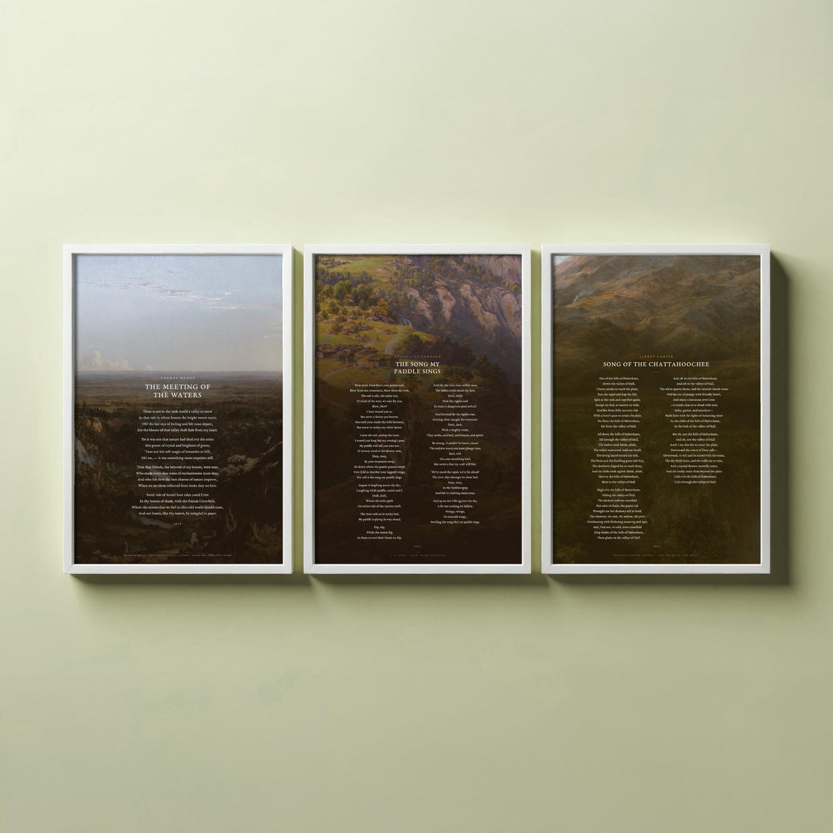 River Poems Set of Three Art Prints - The Meeting of the Waters, The Song My Paddle Sings, Song of the Chattahoochee - Painting Posters