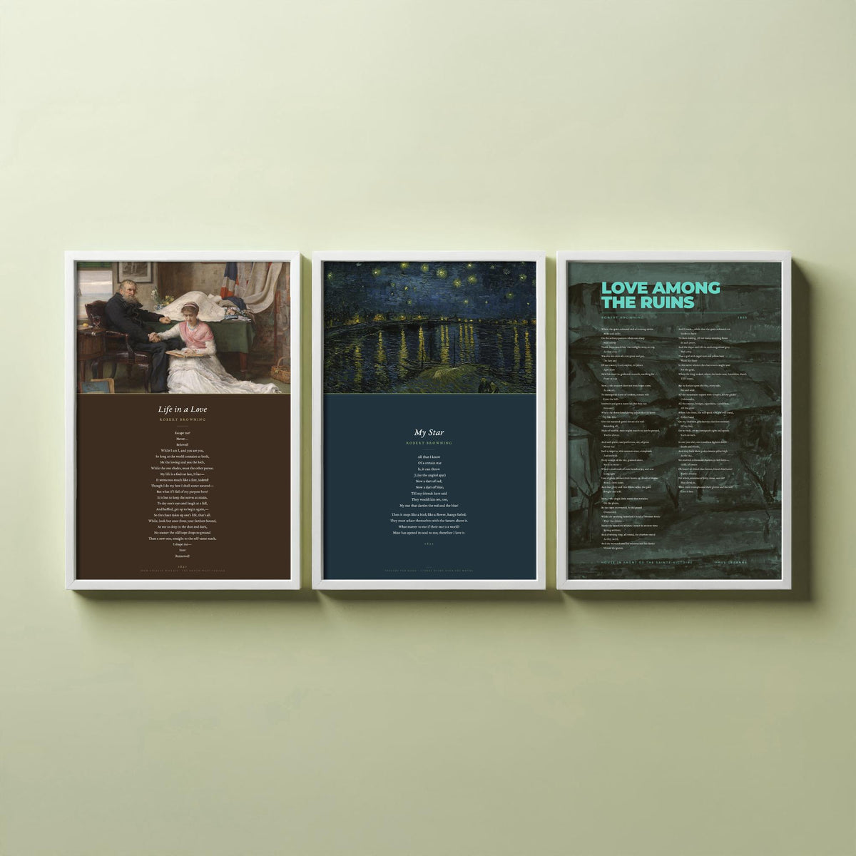 Robert Browning Poems Set of Three Art Prints - My Star, Life in a Love, Love Among the Ruins - Full Poems over Paintings - Poster V1